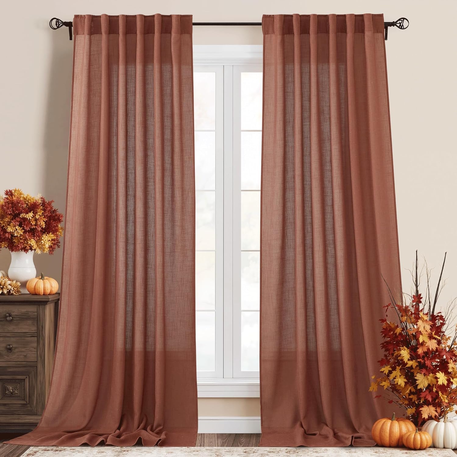 RYB HOME Linen Texture Sheer Curtains 84 inches, Rustic Style Solid Semi Sheer Half Privacy Drapes for Farmhouse Dorm Office Dining, Linen, W 70 x L 84 inches, Set of 2