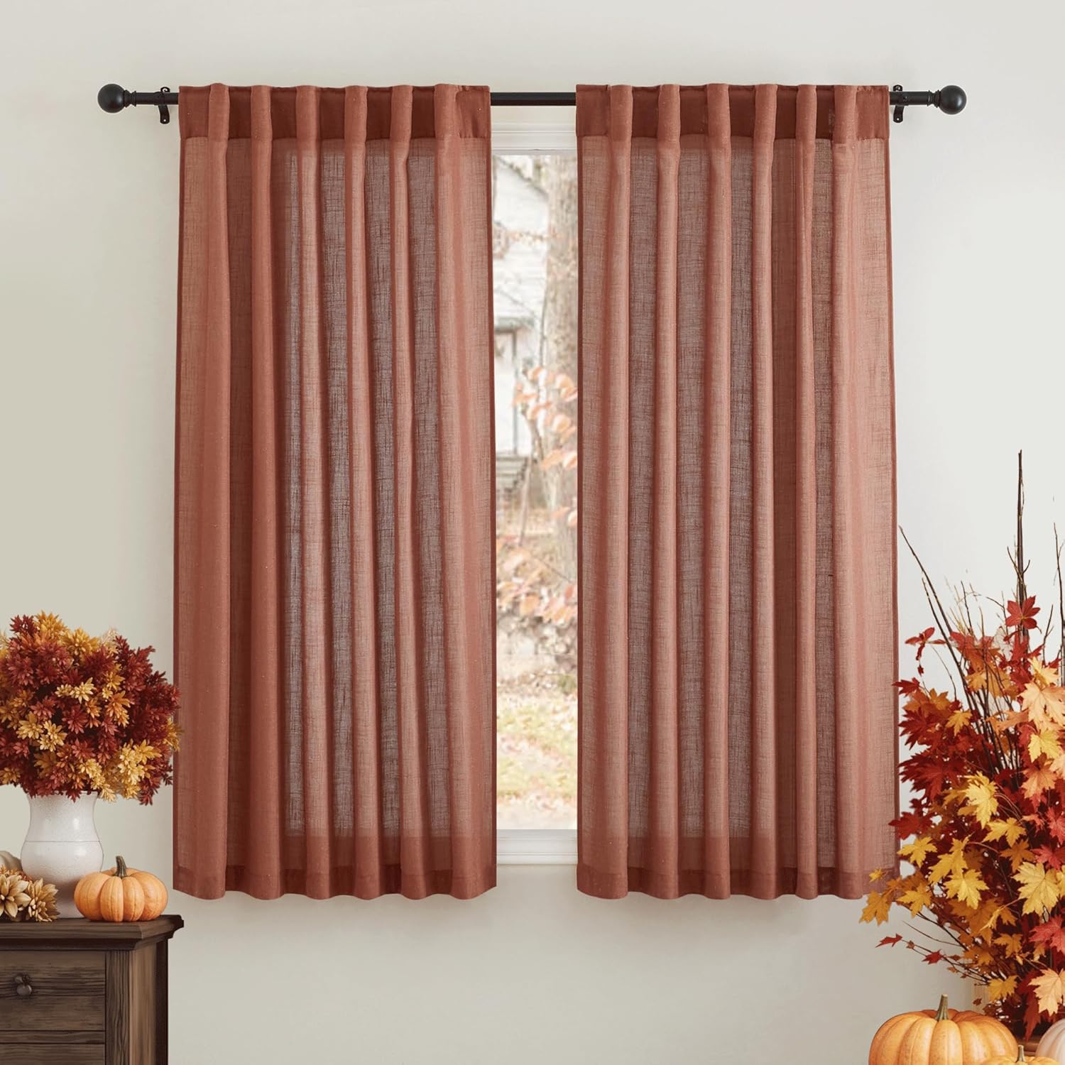 RYB HOME Linen Texture Sheer Curtains 84 inches, Rustic Style Solid Semi Sheer Half Privacy Drapes for Farmhouse Dorm Office Dining, Linen, W 70 x L 84 inches, Set of 2