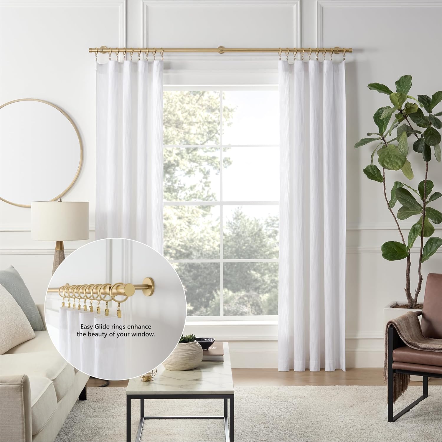 MODE Cambria Designer Series - Premium Easy Glide 18 Count Curtain Rings - Metal with Smooth, Quiet Nylon Inserts with Clips - 2 inch Diameter (1-5/8 inch Inside Diameter) - Brushed Gold