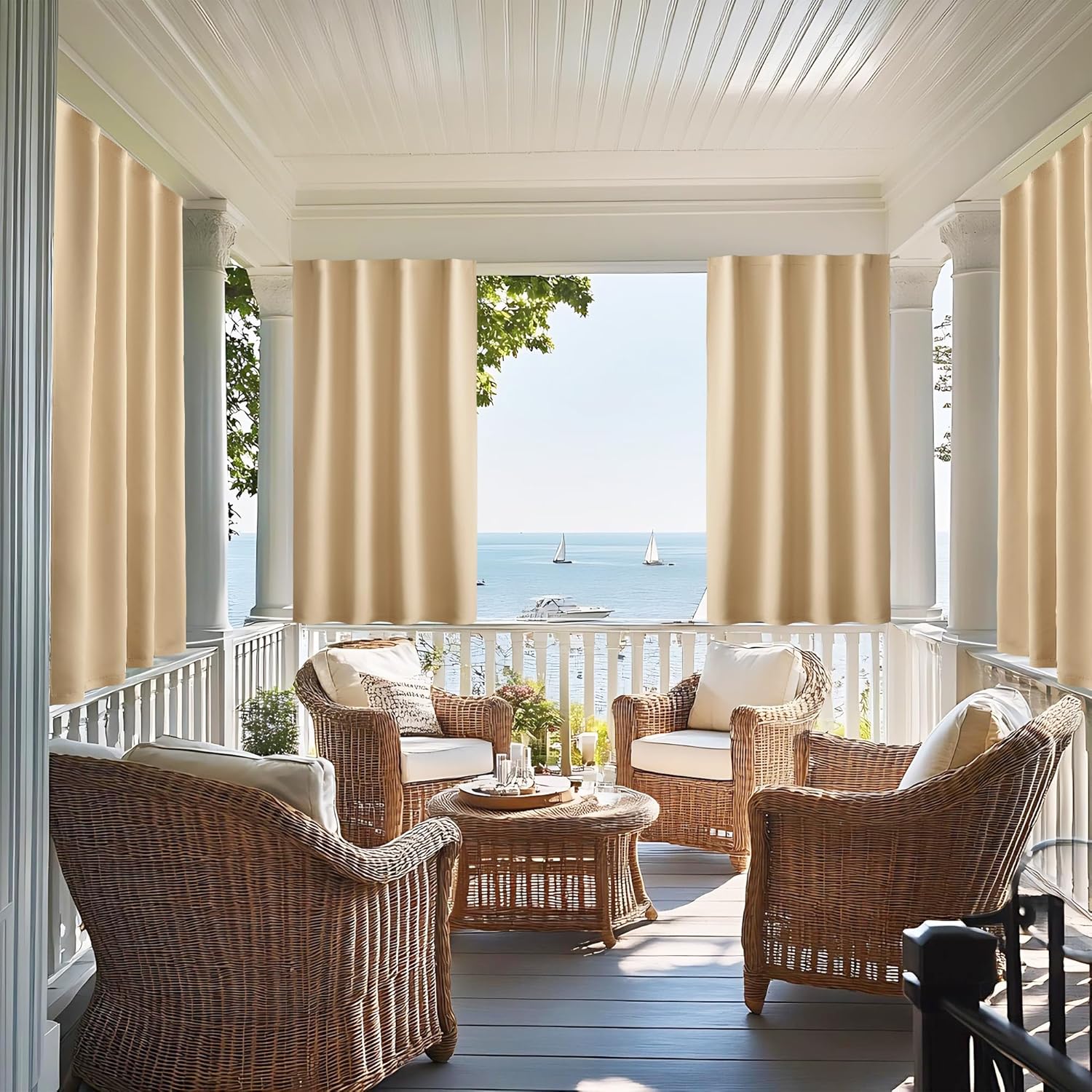 NICETOWN 100% Blackout Outdoor Curtains for Patio 2 Panels, Faux Linen Waterproof & Windproof Gazebo Curtains with Sticky-Back Top & Back Tab Bottom, Includes Straps, Rope, Screws, W52 xL96, Grey