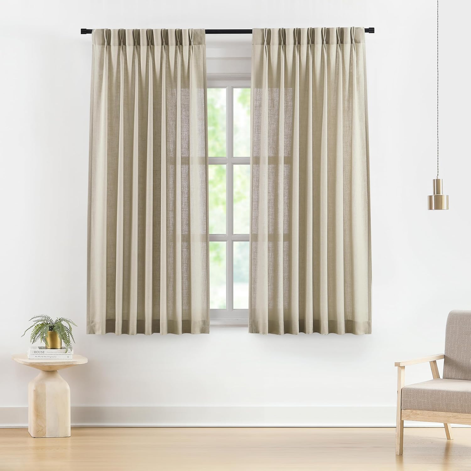 Vision Home Natural Pinch Pleated Semi Sheer Curtains Textured Linen Blended Light Filtering Window Curtains 84 inch for Living Room Bedroom Pinch Pleat Drapes with Hooks 2 Panels 42" Wx84 L