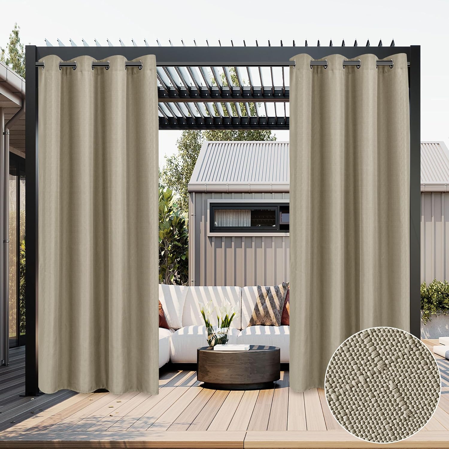 HolidayIdeas 4 Panels Linen Outdoor Curtains for Patio Waterproof Taupe Outside Curtains 108 inch Long-Gazebo Curtains Weighted Weatherproof, Privacy for Pergola, Porch, Living Room, Bedroom 54"x108"