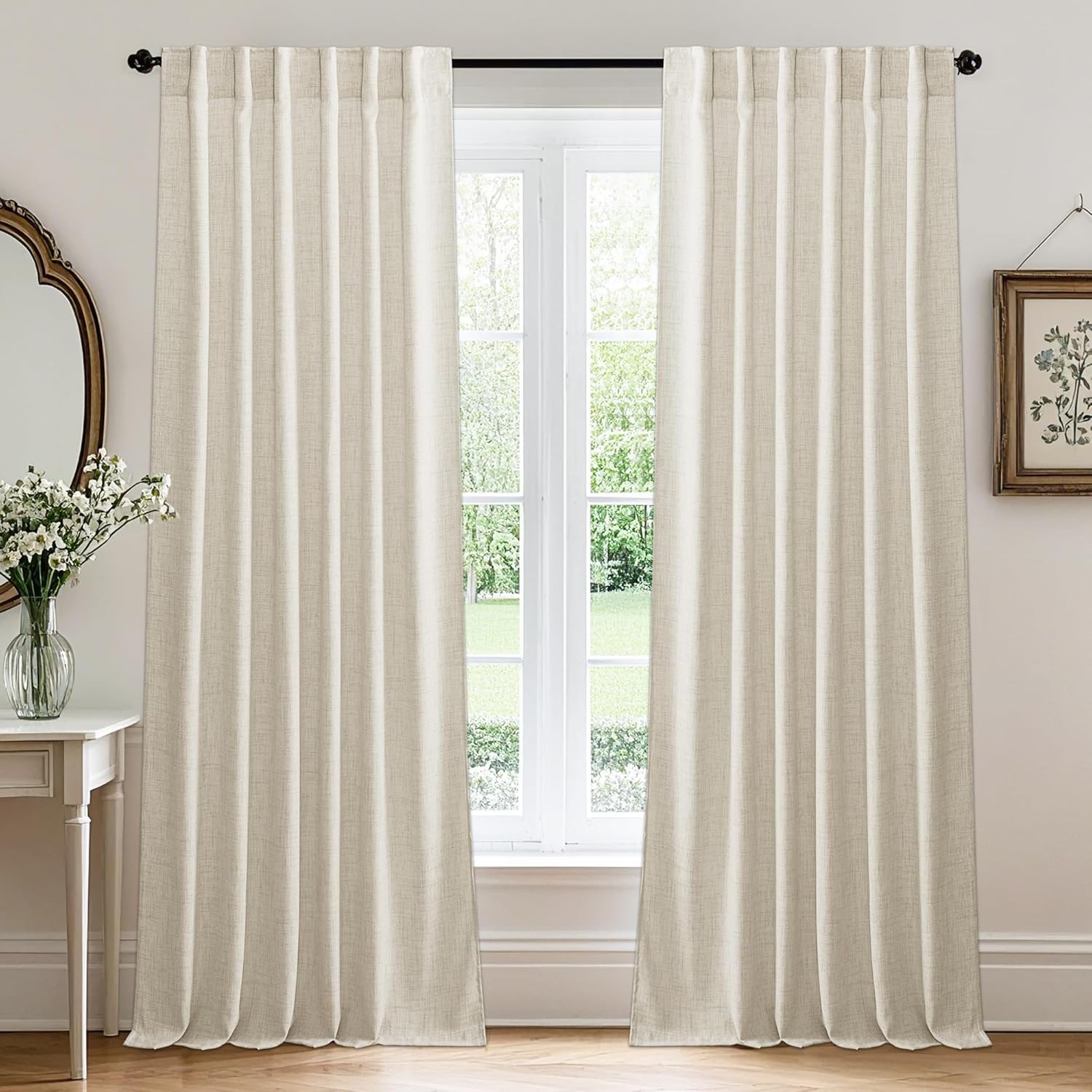 RYB HOME Linen Texture Sheer Curtains 84 inches, Rustic Style Solid Semi Sheer Half Privacy Drapes for Farmhouse Dorm Office Dining, Linen, W 70 x L 84 inches, Set of 2