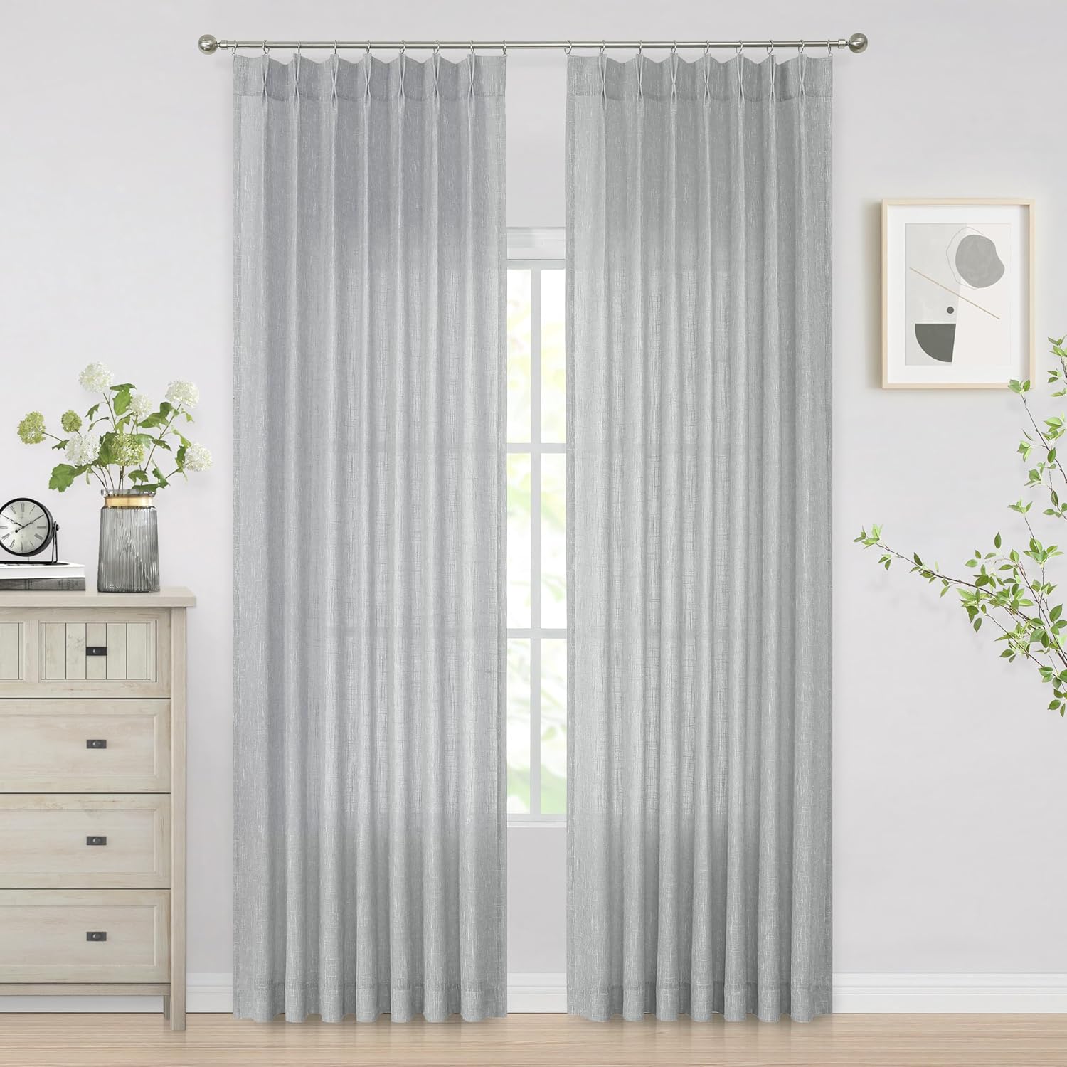 Vision Home Natural Pinch Pleated Semi Sheer Curtains Textured Linen Blended Light Filtering Window Curtains 84 inch for Living Room Bedroom Pinch Pleat Drapes with Hooks 2 Panels 42" Wx84 L