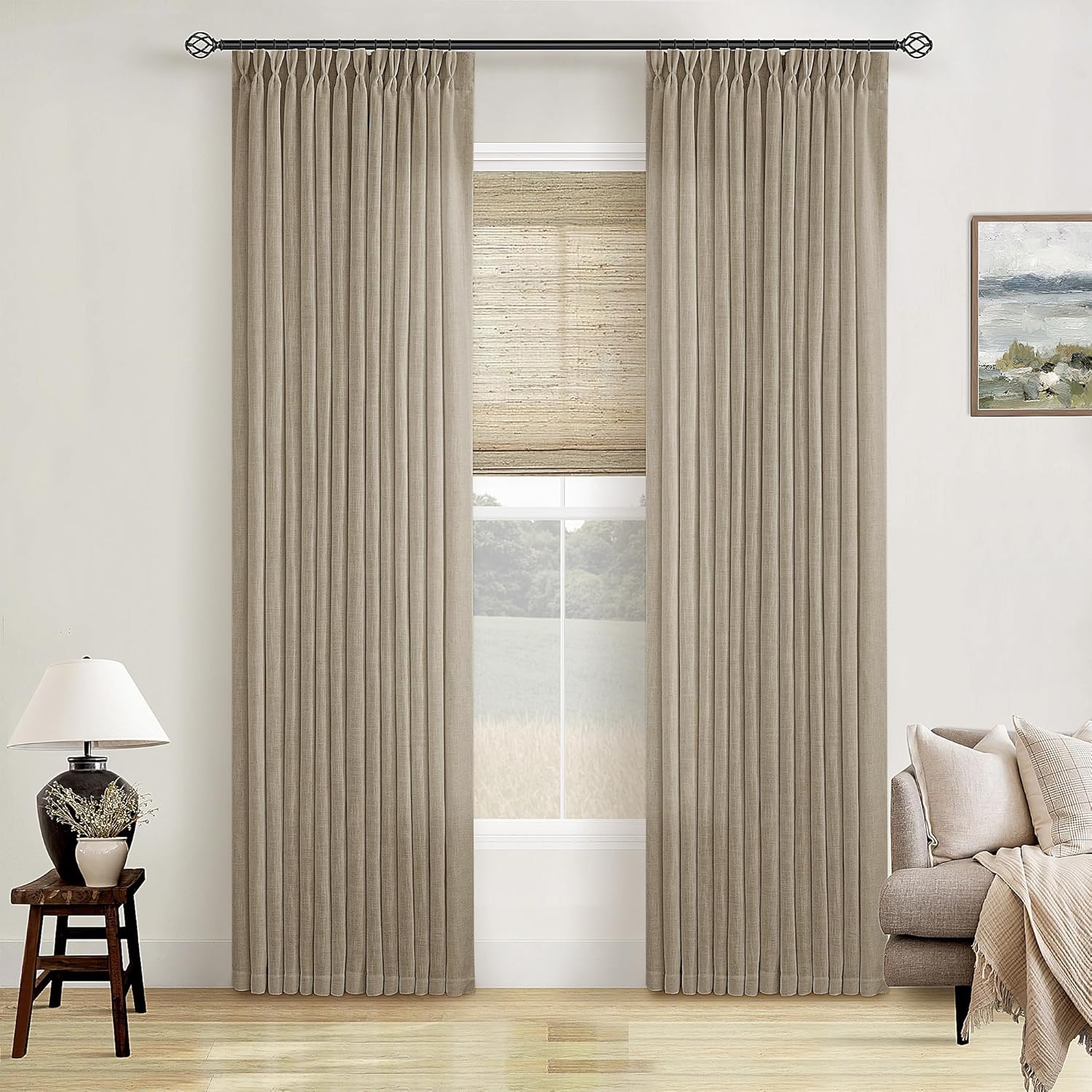 Natural Pinch Pleated Linen Curtains 84 Inch Length 2 Panels for Living Room Bedroom Textured Cream Ivory Birch Semi Sheer Boho Neutral Back Tab Pinch Pleat Hooks Rings Window Curtain 84 Inches Long