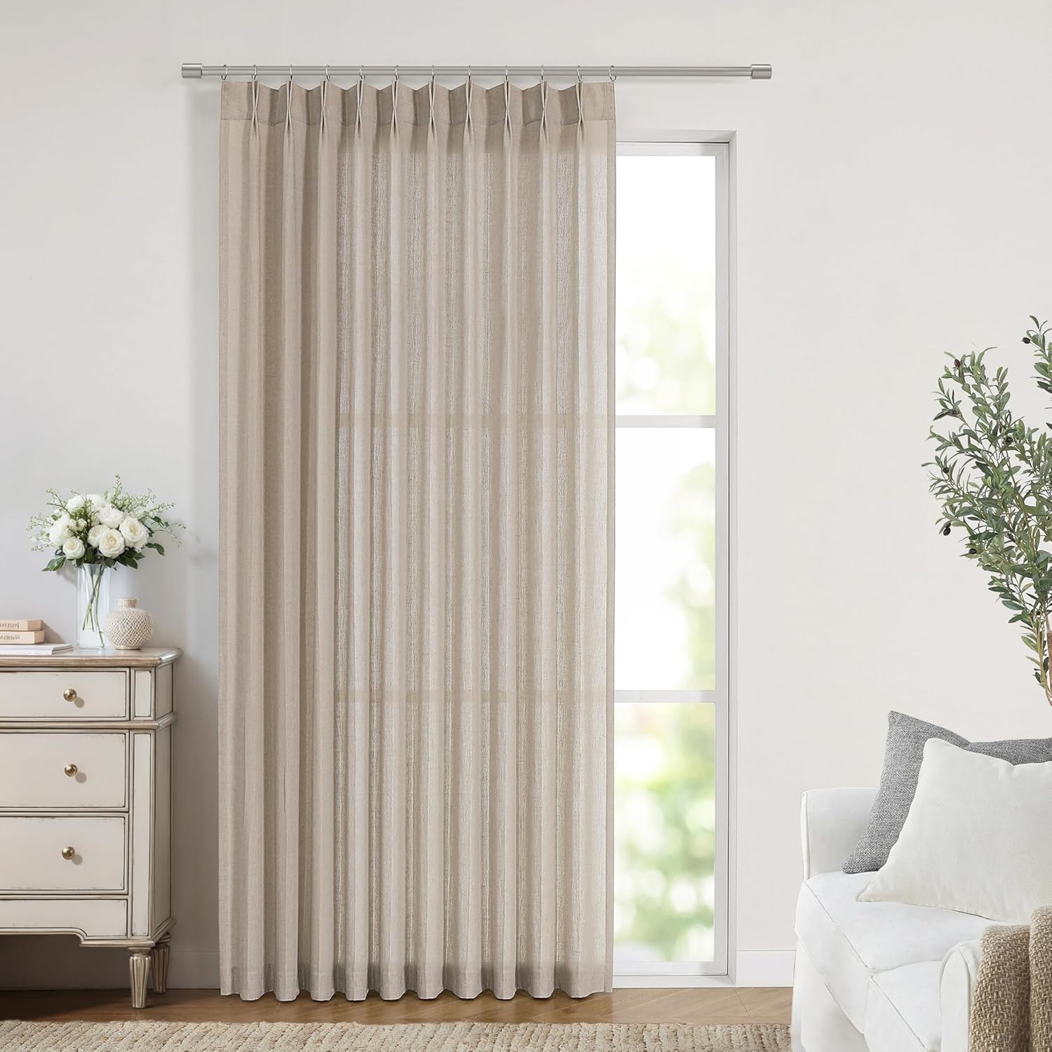 Vision Home Natural Pinch Pleated Semi Sheer Curtains Textured Linen Blended Light Filtering Window Curtains 84 inch for Living Room Bedroom Pinch Pleat Drapes with Hooks 2 Panels 42" Wx84 L