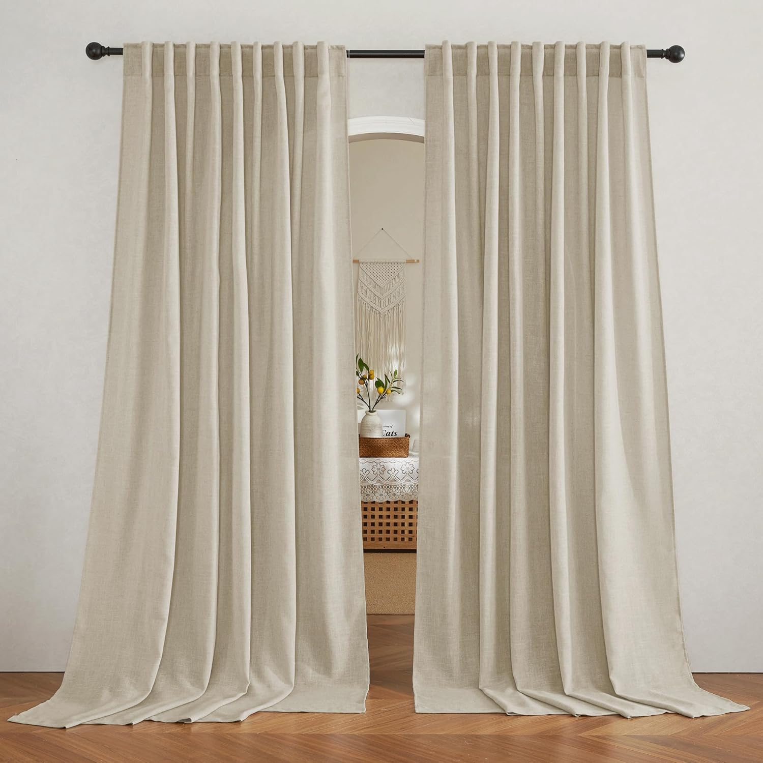RYB HOME Linen Texture Sheer Curtains 84 inches, Rustic Style Solid Semi Sheer Half Privacy Drapes for Farmhouse Dorm Office Dining, Linen, W 70 x L 84 inches, Set of 2