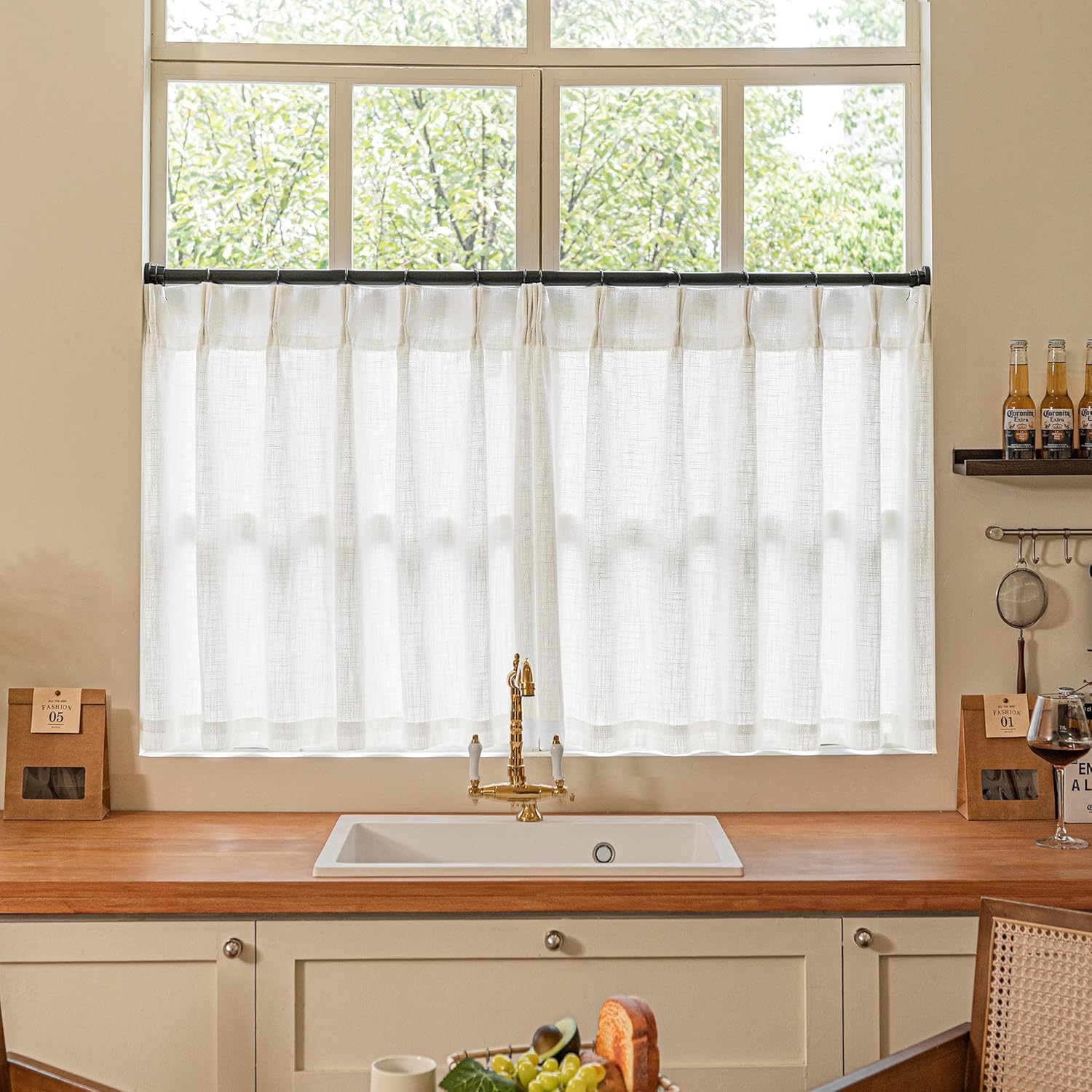 Natural Pinch Pleated Linen Curtains 84 Inch Length 2 Panels for Living Room Bedroom Textured Cream Ivory Birch Semi Sheer Boho Neutral Back Tab Pinch Pleat Hooks Rings Window Curtain 84 Inches Long