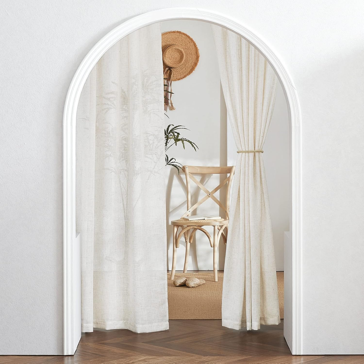 RYB HOME Linen Texture Sheer Curtains 84 inches, Rustic Style Solid Semi Sheer Half Privacy Drapes for Farmhouse Dorm Office Dining, Linen, W 70 x L 84 inches, Set of 2