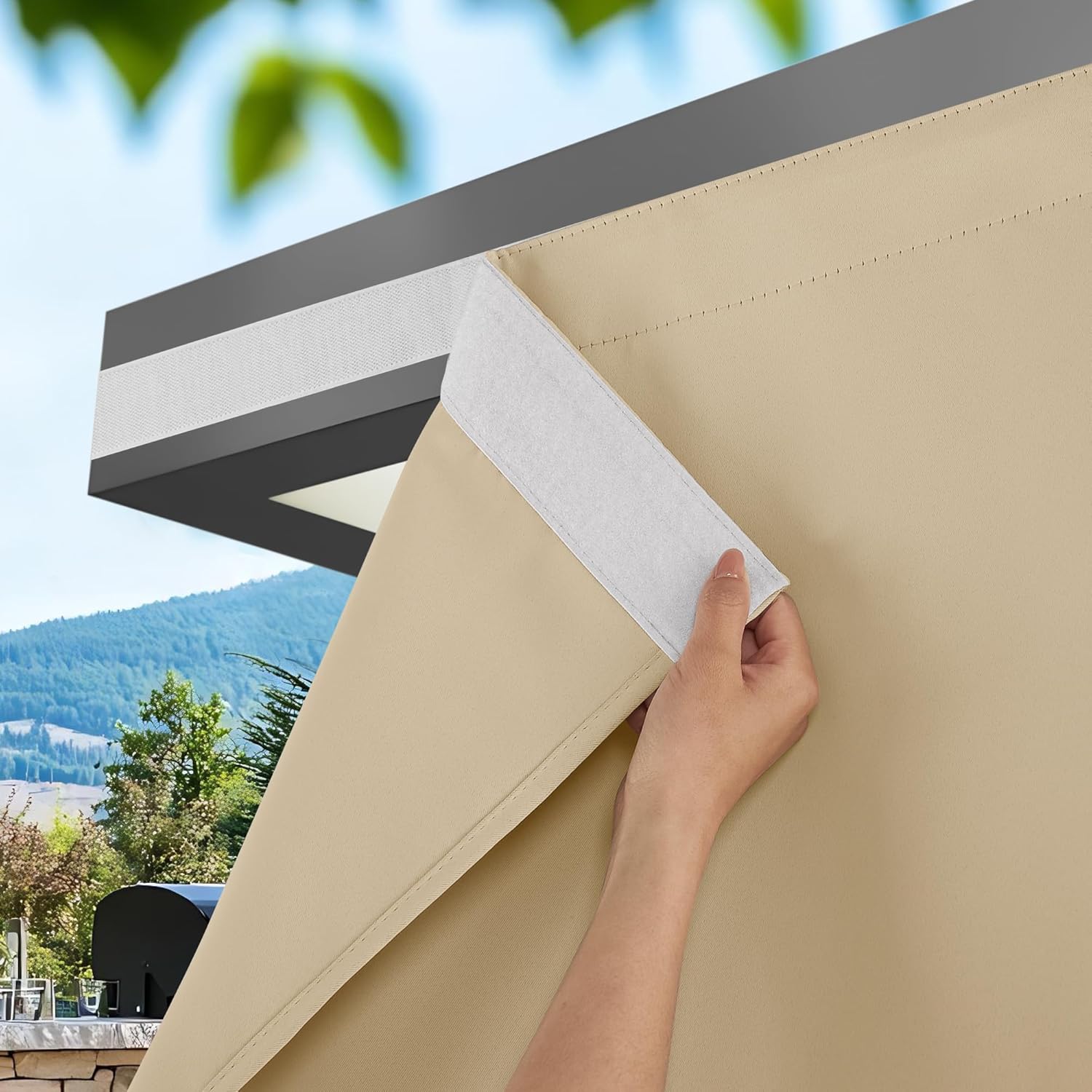 NICETOWN 100% Blackout Outdoor Curtains for Patio 2 Panels, Faux Linen Waterproof & Windproof Gazebo Curtains with Sticky-Back Top & Back Tab Bottom, Includes Straps, Rope, Screws, W52 xL96, Grey