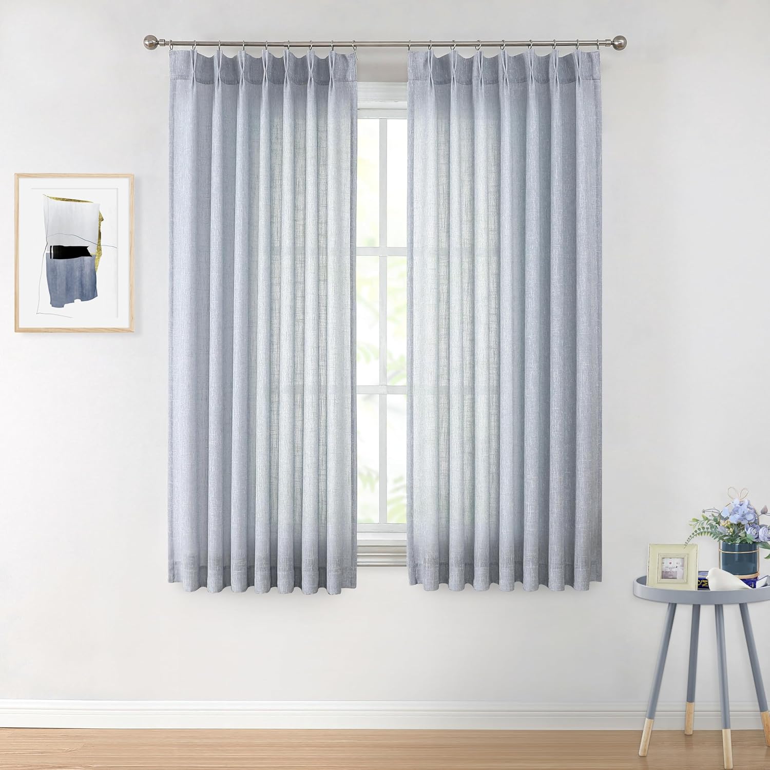 Vision Home Natural Pinch Pleated Semi Sheer Curtains Textured Linen Blended Light Filtering Window Curtains 84 inch for Living Room Bedroom Pinch Pleat Drapes with Hooks 2 Panels 42" Wx84 L