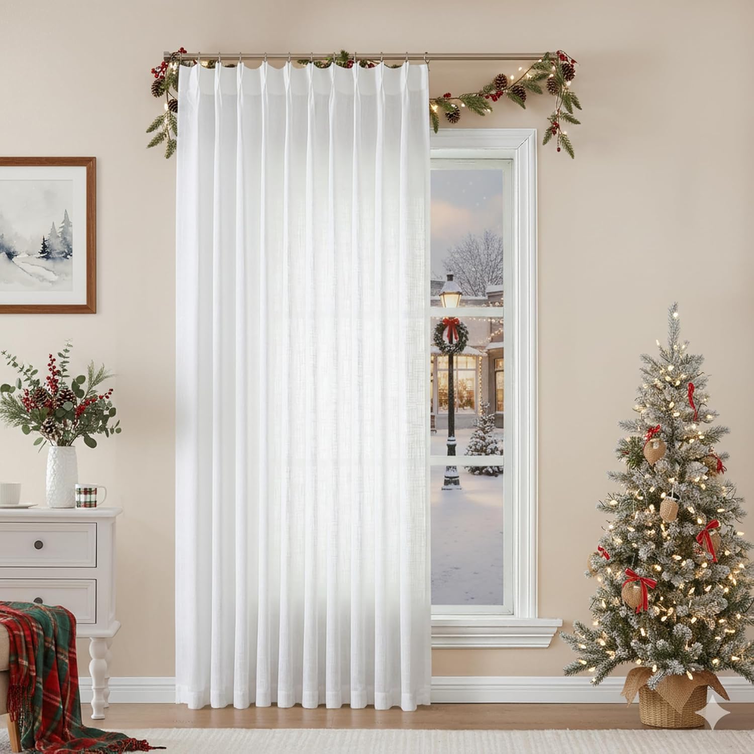 Vision Home Natural Pinch Pleated Semi Sheer Curtains Textured Linen Blended Light Filtering Window Curtains 84 inch for Living Room Bedroom Pinch Pleat Drapes with Hooks 2 Panels 42" Wx84 L