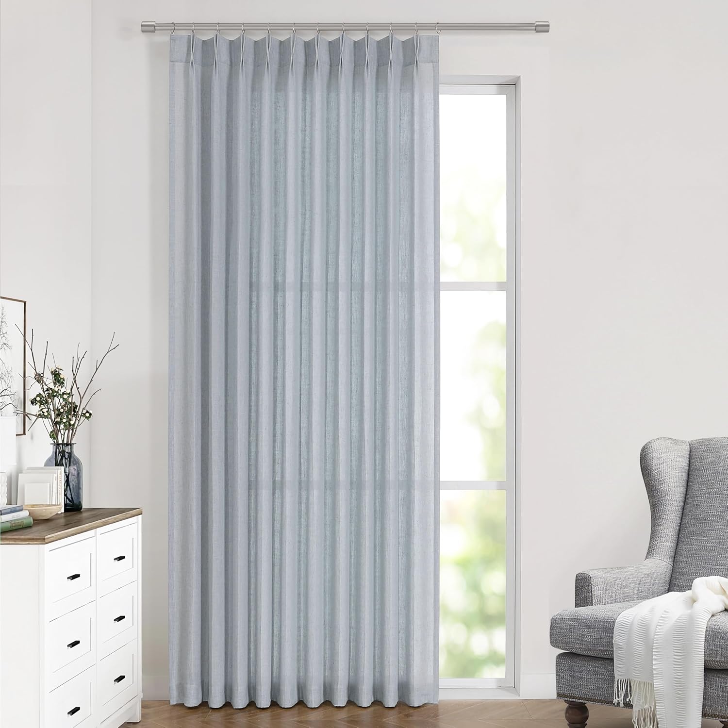 Vision Home Natural Pinch Pleated Semi Sheer Curtains Textured Linen Blended Light Filtering Window Curtains 84 inch for Living Room Bedroom Pinch Pleat Drapes with Hooks 2 Panels 42" Wx84 L