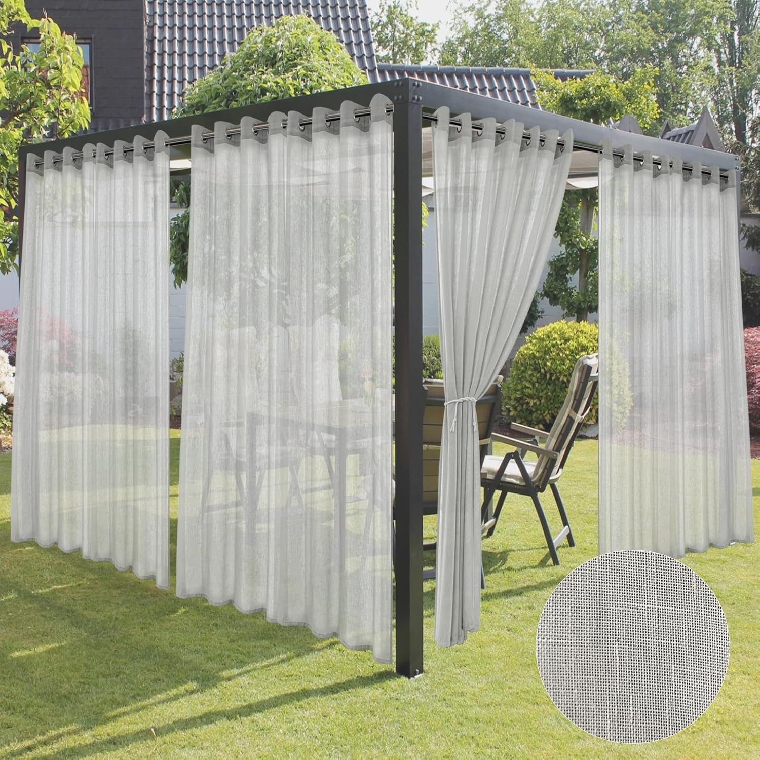 HolidayIdeas 4 Panels Outdoor Curtains for Patio-Linen Semi White Sheer Curtains for Patio Waterproof, Privacy Sun Light Indoor Outside Drapes for Gazebo, Pergola, Balcony, Pool, Backyard 54x95 Inch