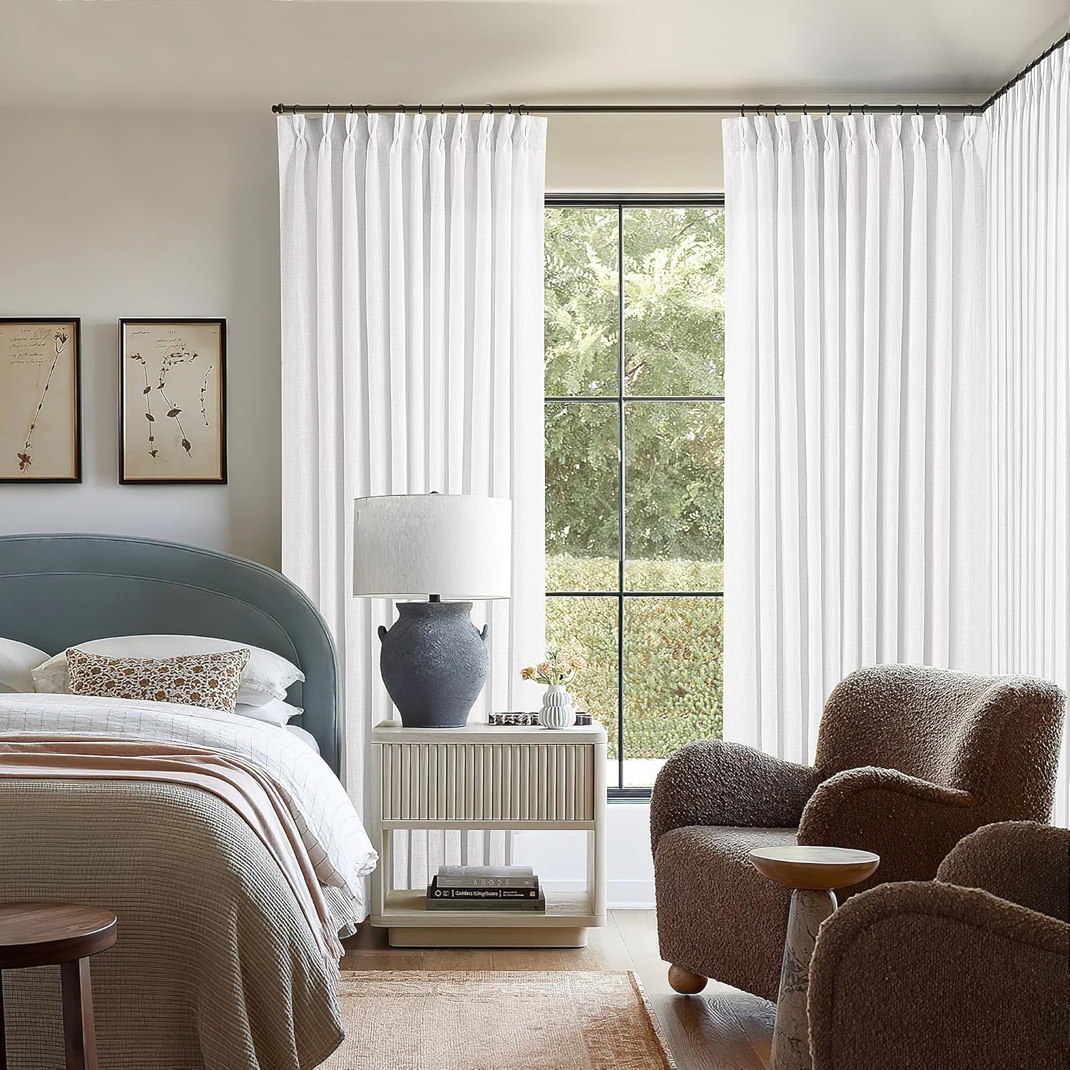 Natural Pinch Pleated Linen Curtains 84 Inch Length 2 Panels for Living Room Bedroom Textured Cream Ivory Birch Semi Sheer Boho Neutral Back Tab Pinch Pleat Hooks Rings Window Curtain 84 Inches Long