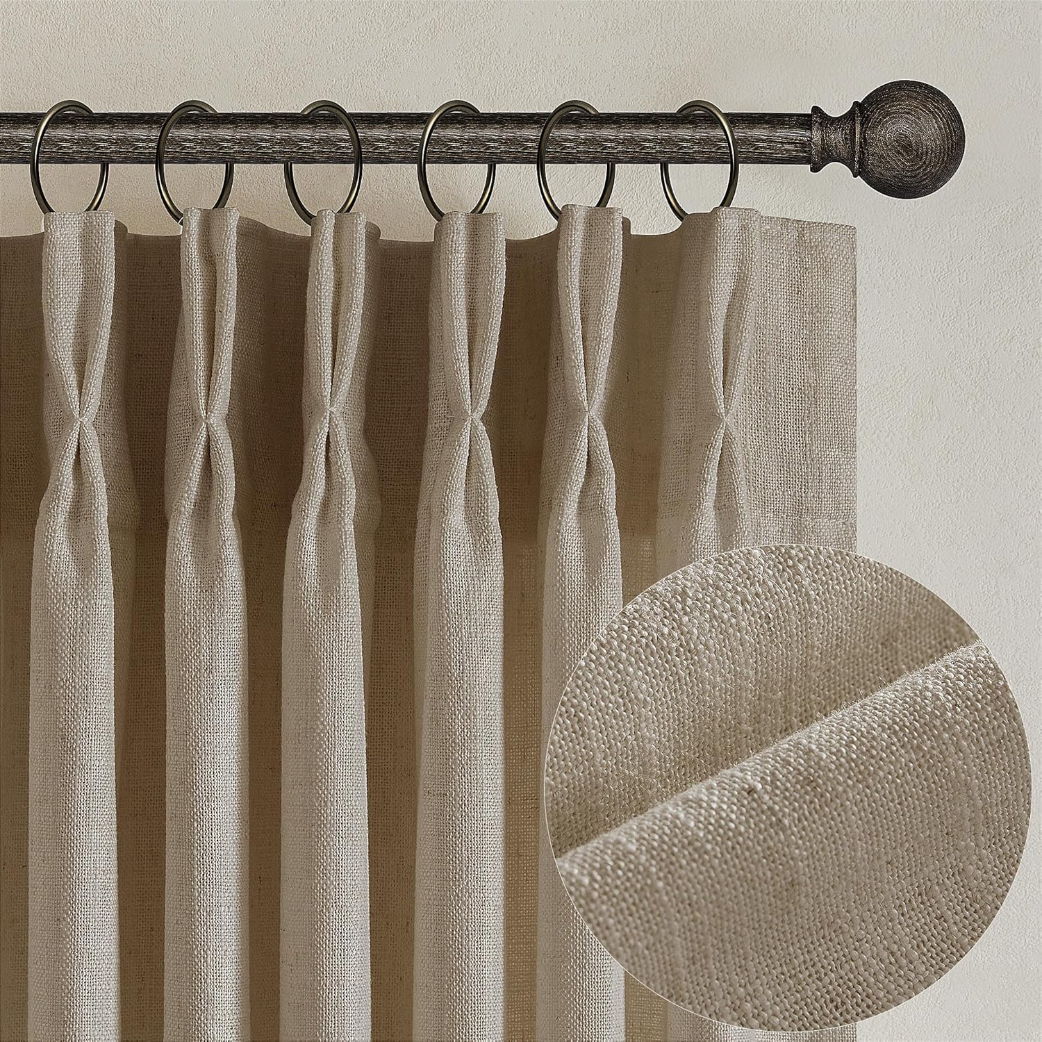 Natural Pinch Pleated Linen Curtains 84 Inch Length 2 Panels for Living Room Bedroom Textured Cream Ivory Birch Semi Sheer Boho Neutral Back Tab Pinch Pleat Hooks Rings Window Curtain 84 Inches Long