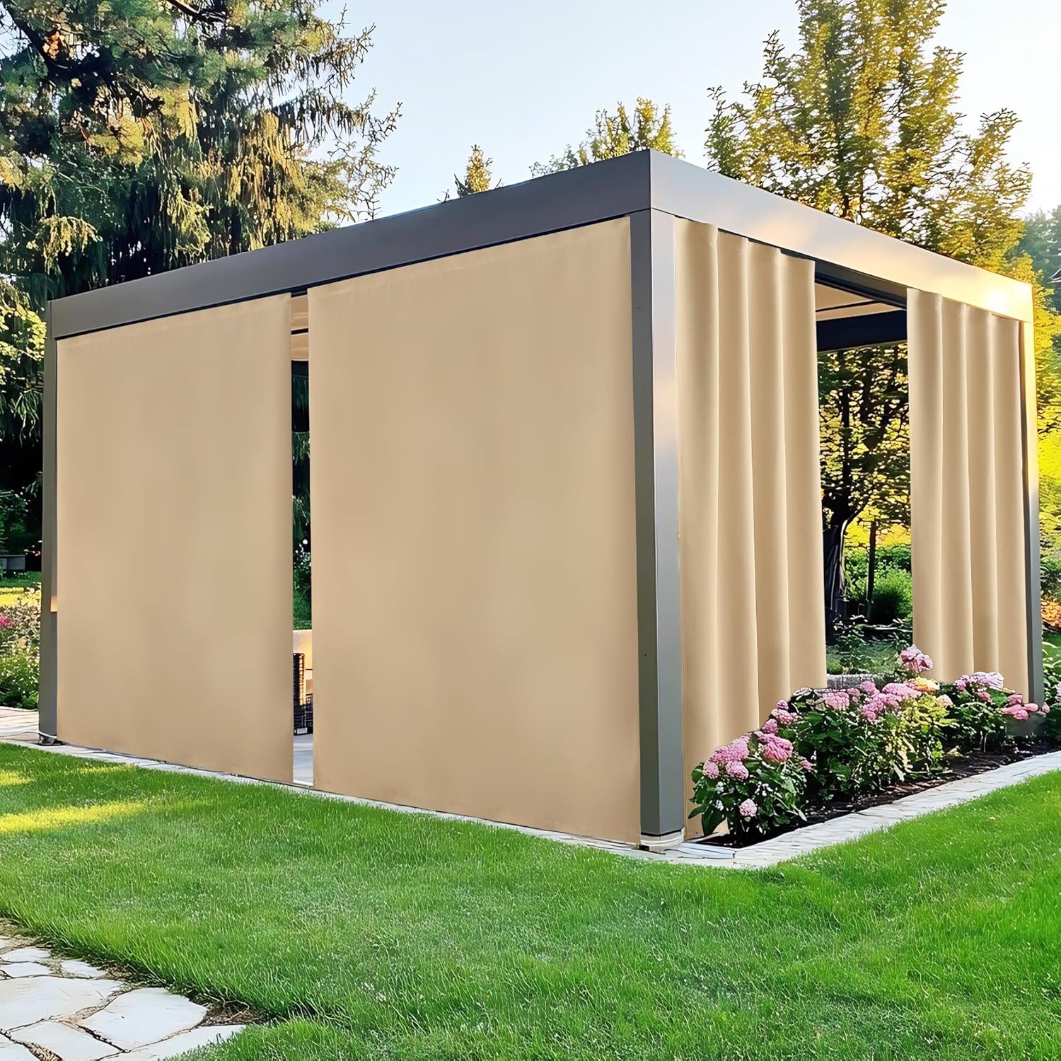 NICETOWN 100% Blackout Outdoor Curtains for Patio 2 Panels, Faux Linen Waterproof & Windproof Gazebo Curtains with Sticky-Back Top & Back Tab Bottom, Includes Straps, Rope, Screws, W52 xL96, Grey