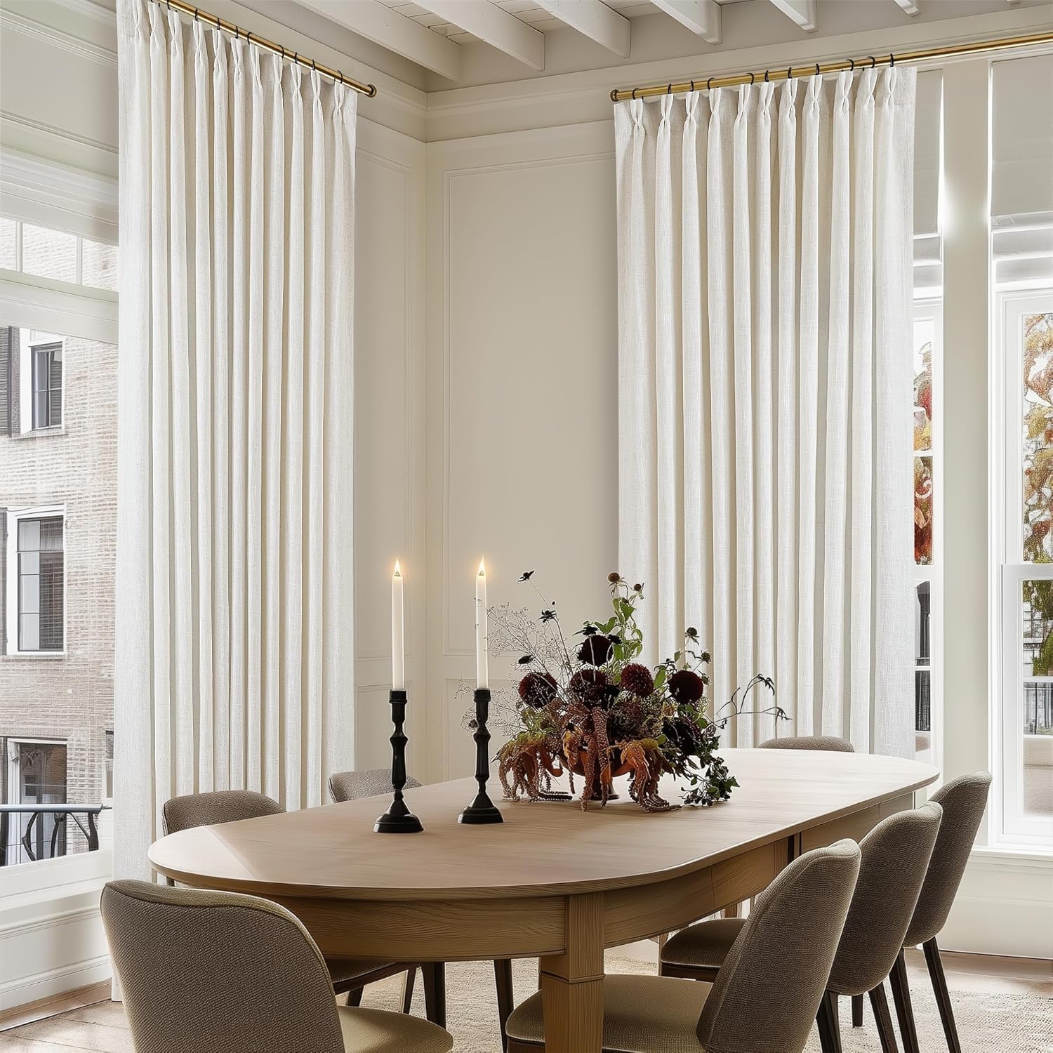 Natural Pinch Pleated Linen Curtains 84 Inch Length 2 Panels for Living Room Bedroom Textured Cream Ivory Birch Semi Sheer Boho Neutral Back Tab Pinch Pleat Hooks Rings Window Curtain 84 Inches Long