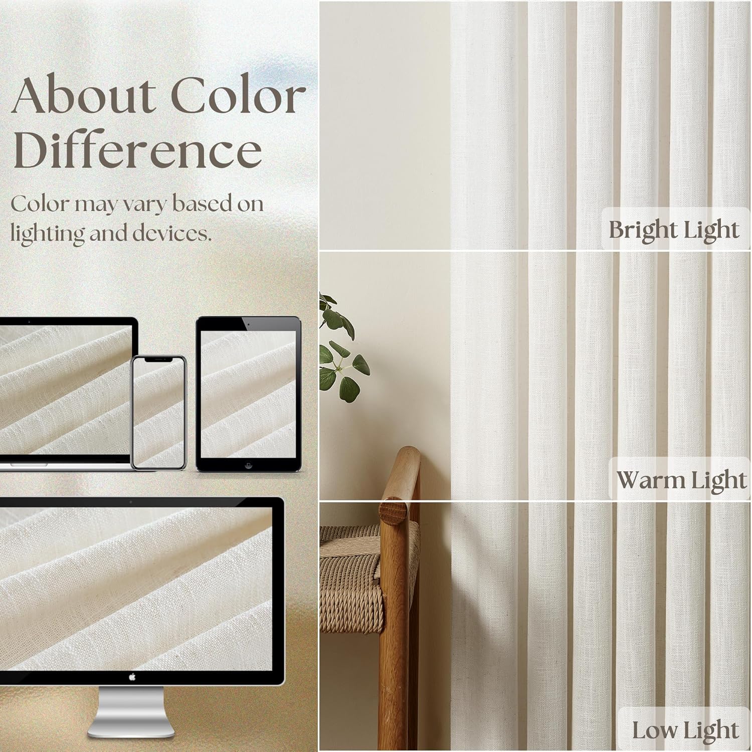 Natural Pinch Pleated Linen Curtains 84 Inch Length 2 Panels for Living Room Bedroom Textured Cream Ivory Birch Semi Sheer Boho Neutral Back Tab Pinch Pleat Hooks Rings Window Curtain 84 Inches Long