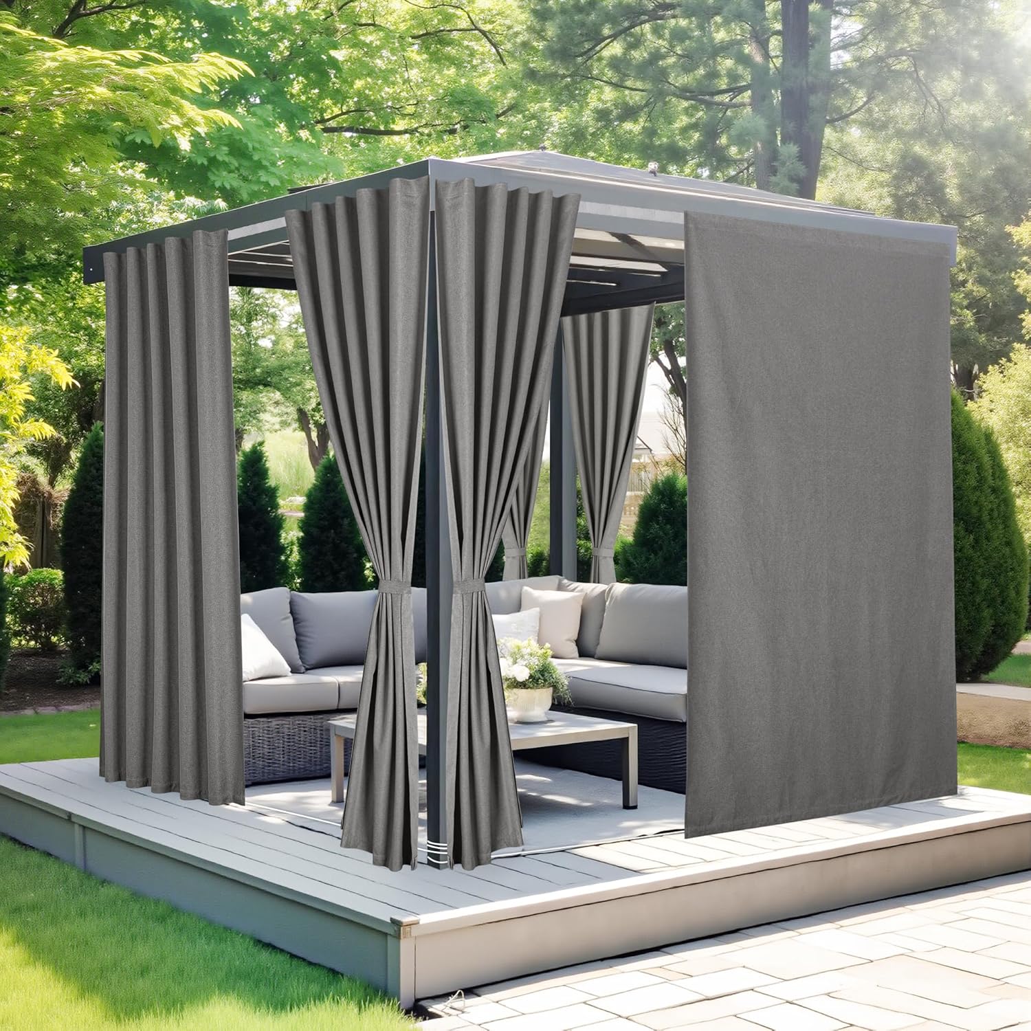 NICETOWN 100% Blackout Outdoor Curtains for Patio 2 Panels, Faux Linen Waterproof & Windproof Gazebo Curtains with Sticky-Back Top & Back Tab Bottom, Includes Straps, Rope, Screws, W52 xL96, Grey