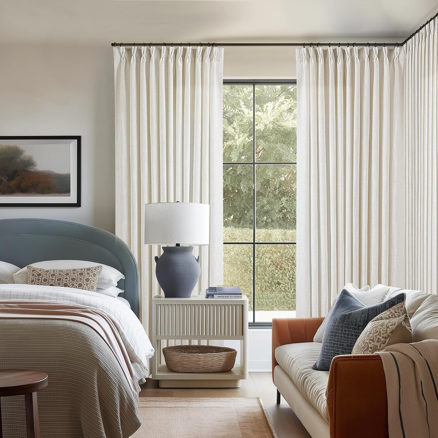 Natural Pinch Pleated Linen Curtains 84 Inch Length 2 Panels for Living Room Bedroom Textured Cream Ivory Birch Semi Sheer Boho Neutral Back Tab Pinch Pleat Hooks Rings Window Curtain 84 Inches Long