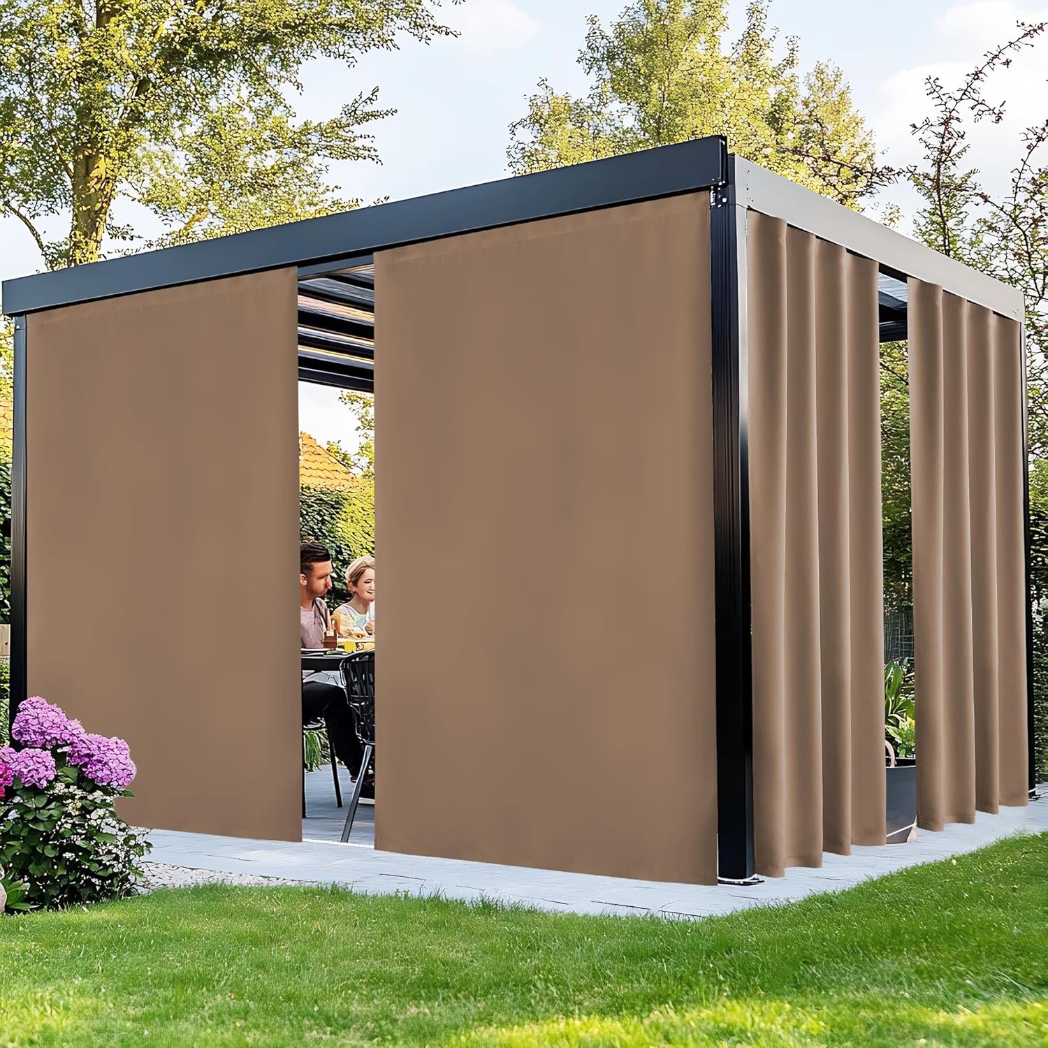 NICETOWN 100% Blackout Outdoor Curtains for Patio 2 Panels, Faux Linen Waterproof & Windproof Gazebo Curtains with Sticky-Back Top & Back Tab Bottom, Includes Straps, Rope, Screws, W52 xL96, Grey