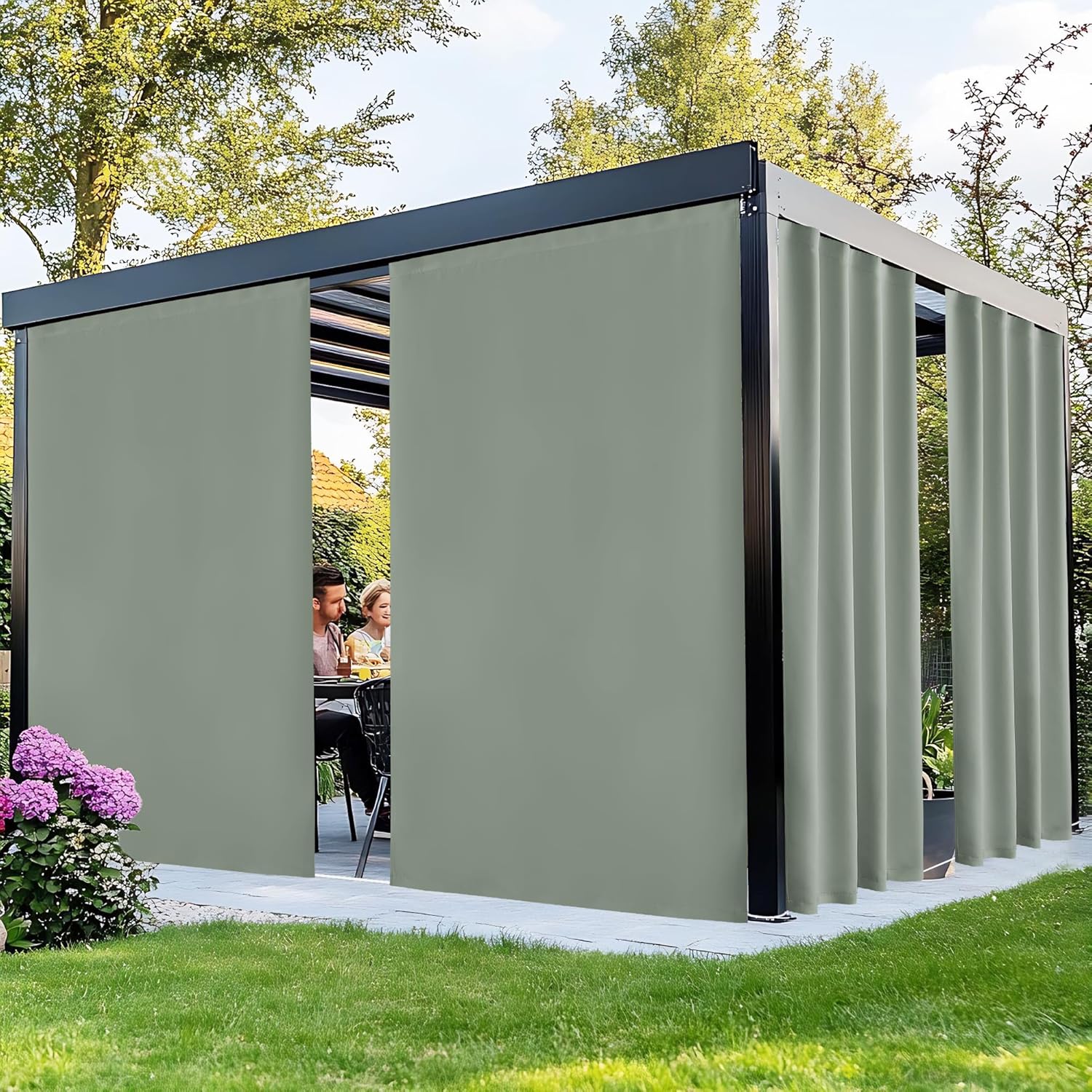 NICETOWN 100% Blackout Outdoor Curtains for Patio 2 Panels, Faux Linen Waterproof & Windproof Gazebo Curtains with Sticky-Back Top & Back Tab Bottom, Includes Straps, Rope, Screws, W52 xL96, Grey