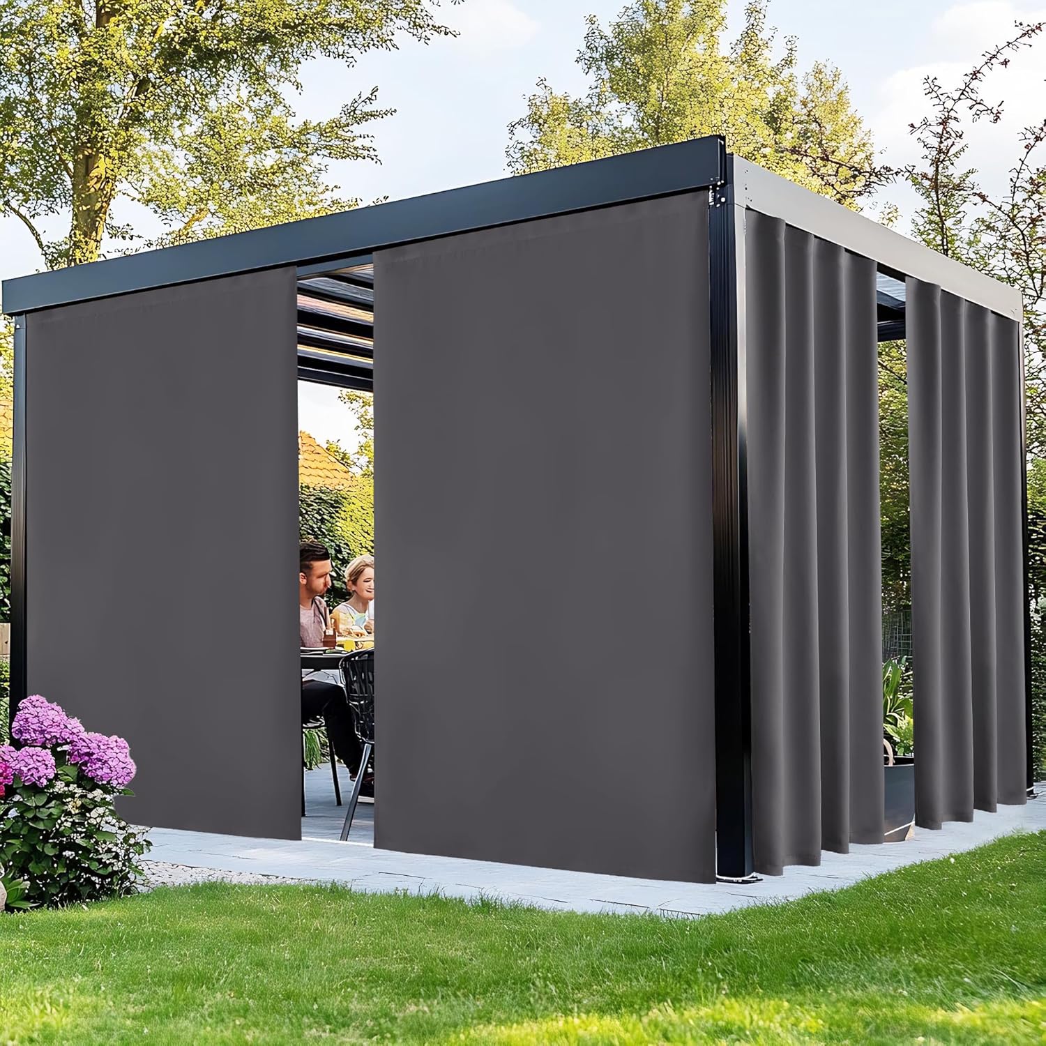 NICETOWN 100% Blackout Outdoor Curtains for Patio 2 Panels, Faux Linen Waterproof & Windproof Gazebo Curtains with Sticky-Back Top & Back Tab Bottom, Includes Straps, Rope, Screws, W52 xL96, Grey