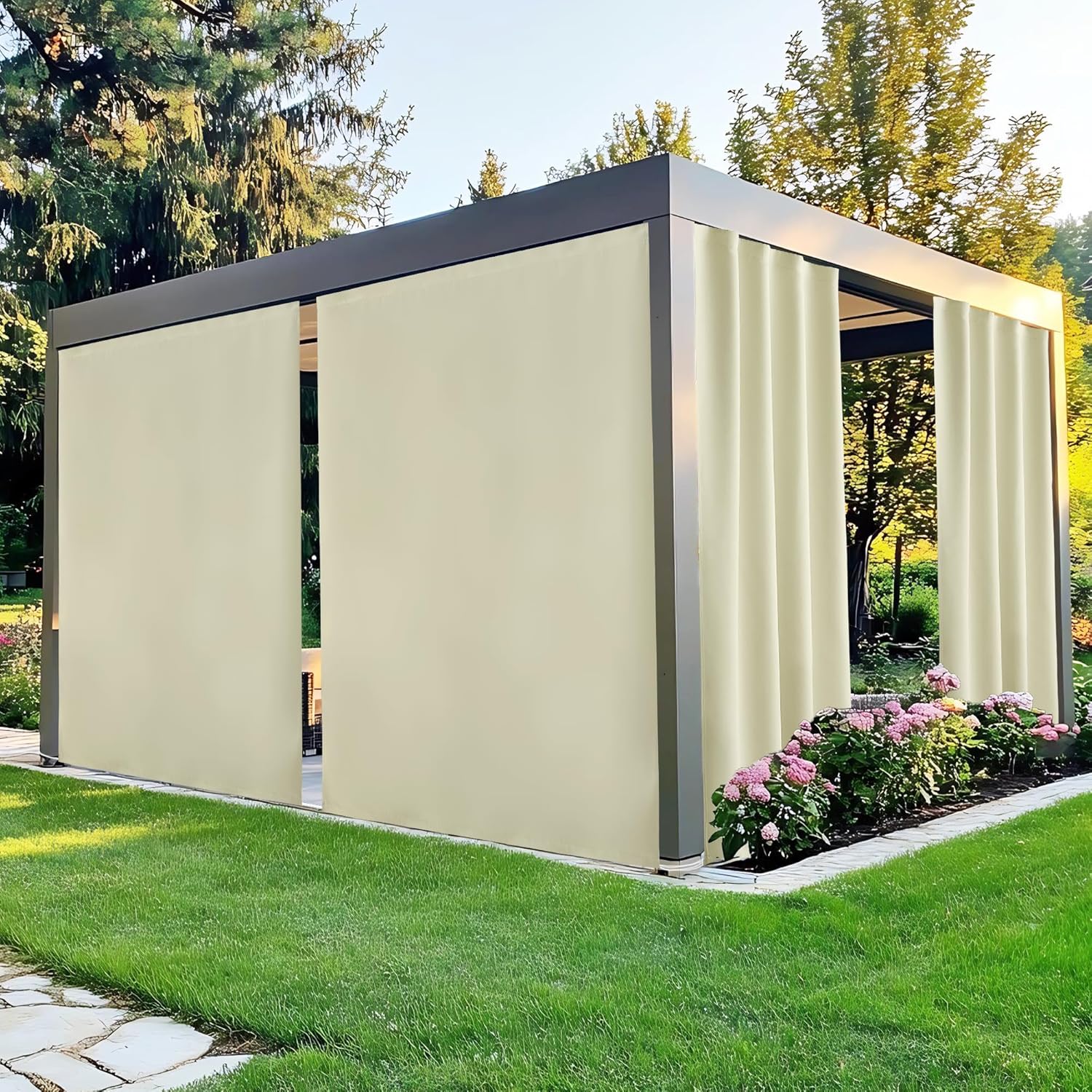 NICETOWN 100% Blackout Outdoor Curtains for Patio 2 Panels, Faux Linen Waterproof & Windproof Gazebo Curtains with Sticky-Back Top & Back Tab Bottom, Includes Straps, Rope, Screws, W52 xL96, Grey