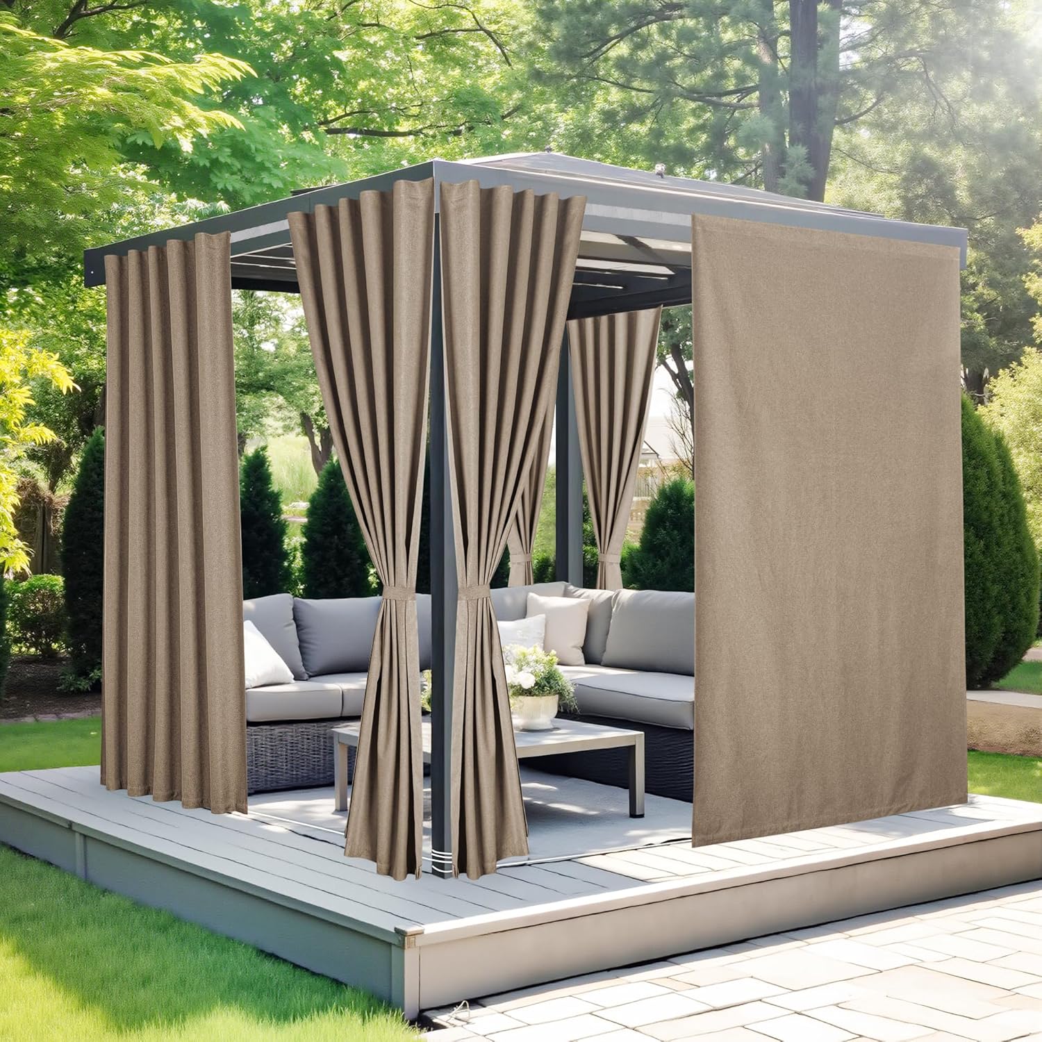 NICETOWN 100% Blackout Outdoor Curtains for Patio 2 Panels, Faux Linen Waterproof & Windproof Gazebo Curtains with Sticky-Back Top & Back Tab Bottom, Includes Straps, Rope, Screws, W52 xL96, Grey