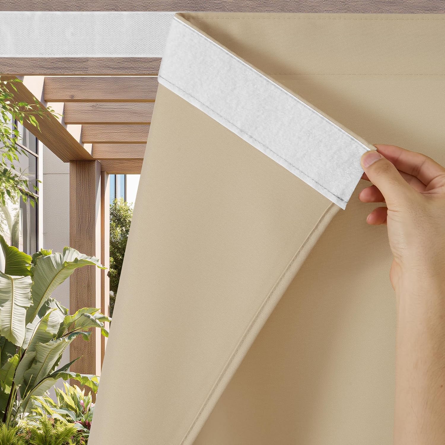 NICETOWN 100% Blackout Outdoor Curtains for Patio 2 Panels, Faux Linen Waterproof & Windproof Gazebo Curtains with Sticky-Back Top & Back Tab Bottom, Includes Straps, Rope, Screws, W52 xL96, Grey