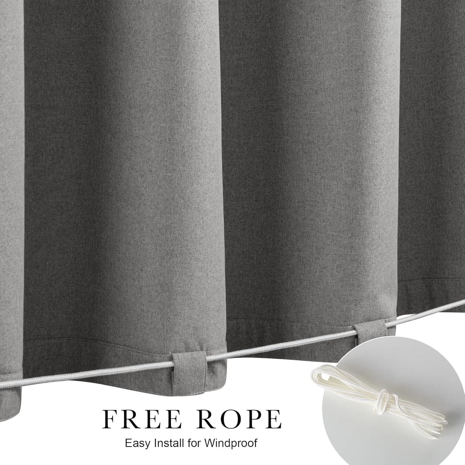 NICETOWN 100% Blackout Outdoor Curtains for Patio 2 Panels, Faux Linen Waterproof & Windproof Gazebo Curtains with Sticky-Back Top & Back Tab Bottom, Includes Straps, Rope, Screws, W52 xL96, Grey