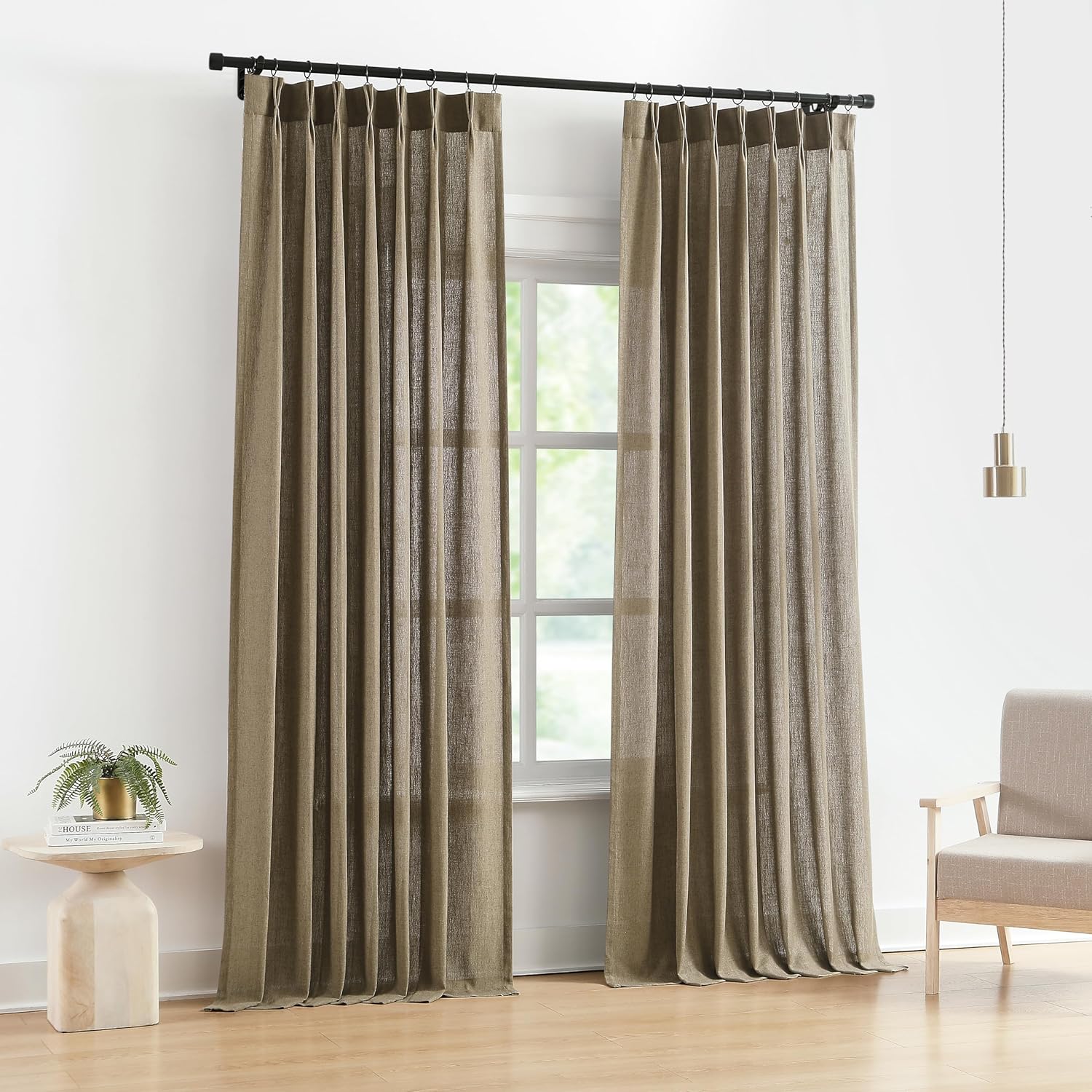 Vision Home Natural Pinch Pleated Semi Sheer Curtains Textured Linen Blended Light Filtering Window Curtains 84 inch for Living Room Bedroom Pinch Pleat Drapes with Hooks 2 Panels 42" Wx84 L