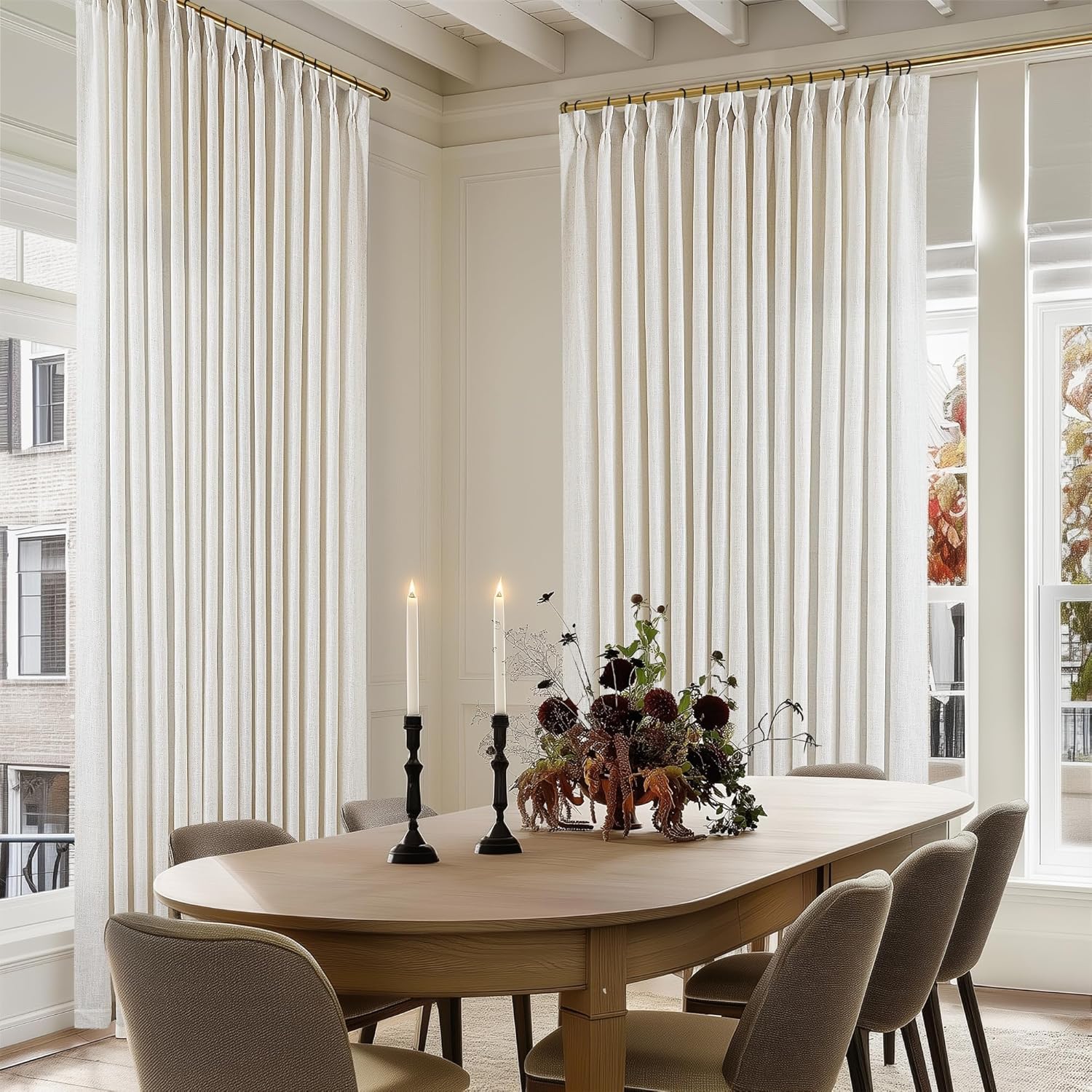 Natural Pinch Pleated Linen Curtains 84 Inch Length 2 Panels for Living Room Bedroom Textured Cream Ivory Birch Semi Sheer Boho Neutral Back Tab Pinch Pleat Hooks Rings Window Curtain 84 Inches Long