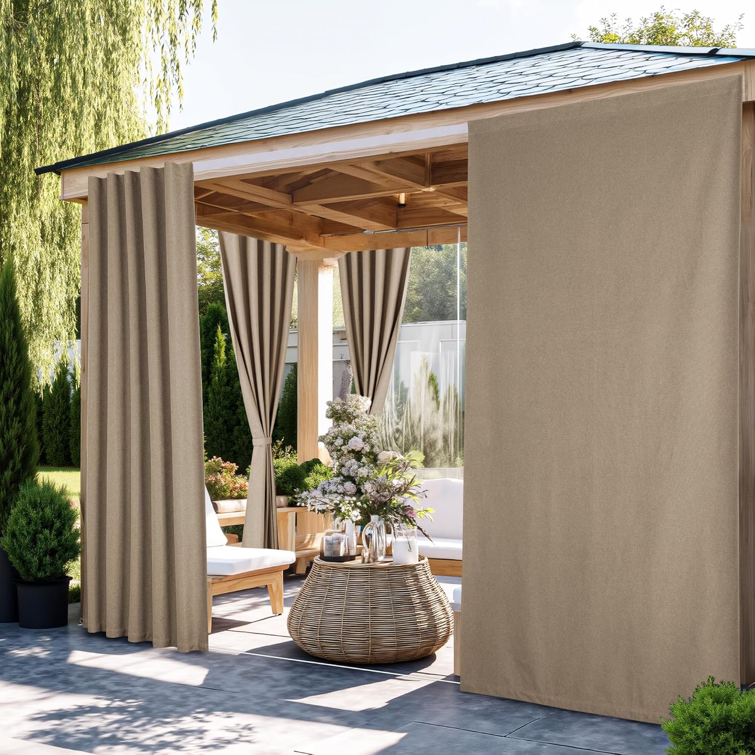 NICETOWN 100% Blackout Outdoor Curtains for Patio 2 Panels, Faux Linen Waterproof & Windproof Gazebo Curtains with Sticky-Back Top & Back Tab Bottom, Includes Straps, Rope, Screws, W52 xL96, Grey