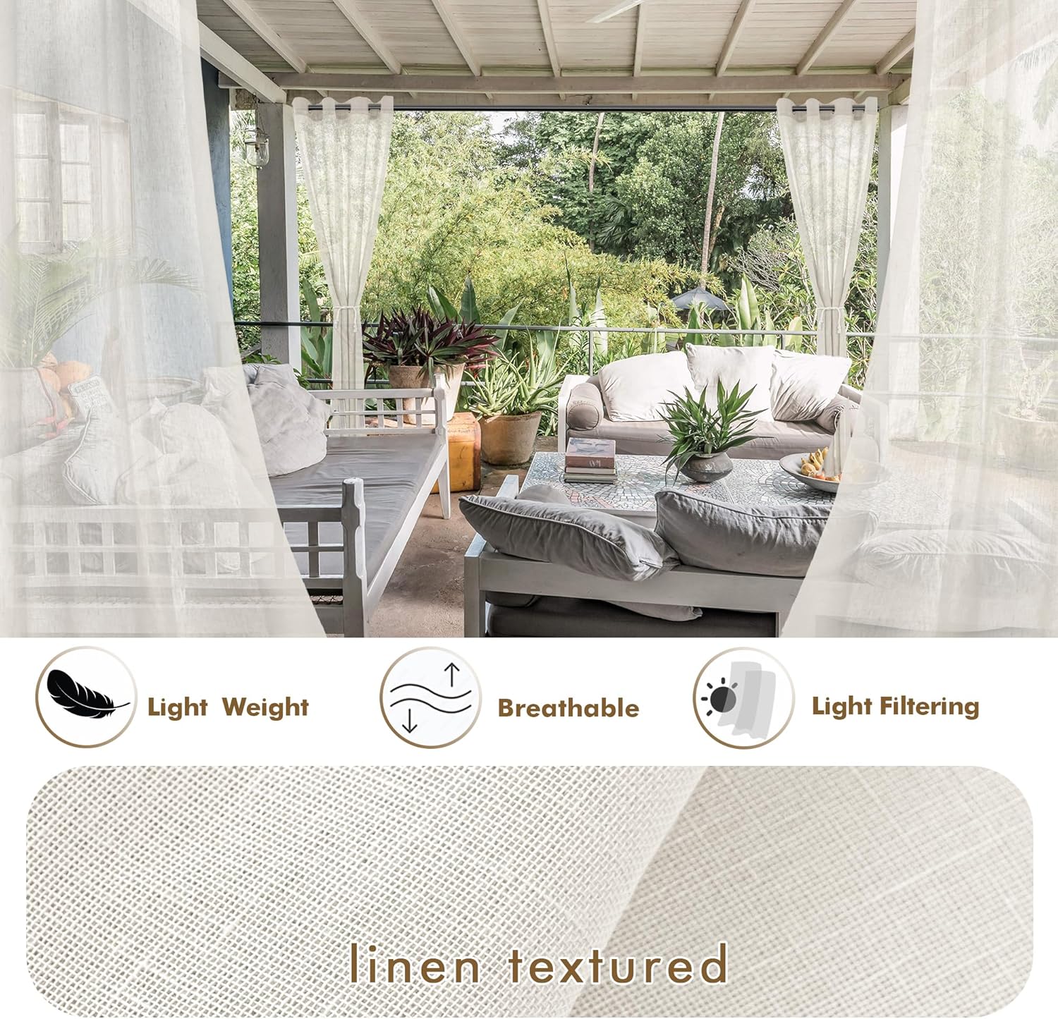 HolidayIdeas 4 Panels Outdoor Sheer Curtains for Patio Waterproof-Ivory Linen Semi Voile Indoor Sheer Curtains, Light Filtering Privacy Drapes for Living Room, Gazebo, Porch, Balcony, Pool 54"x84"