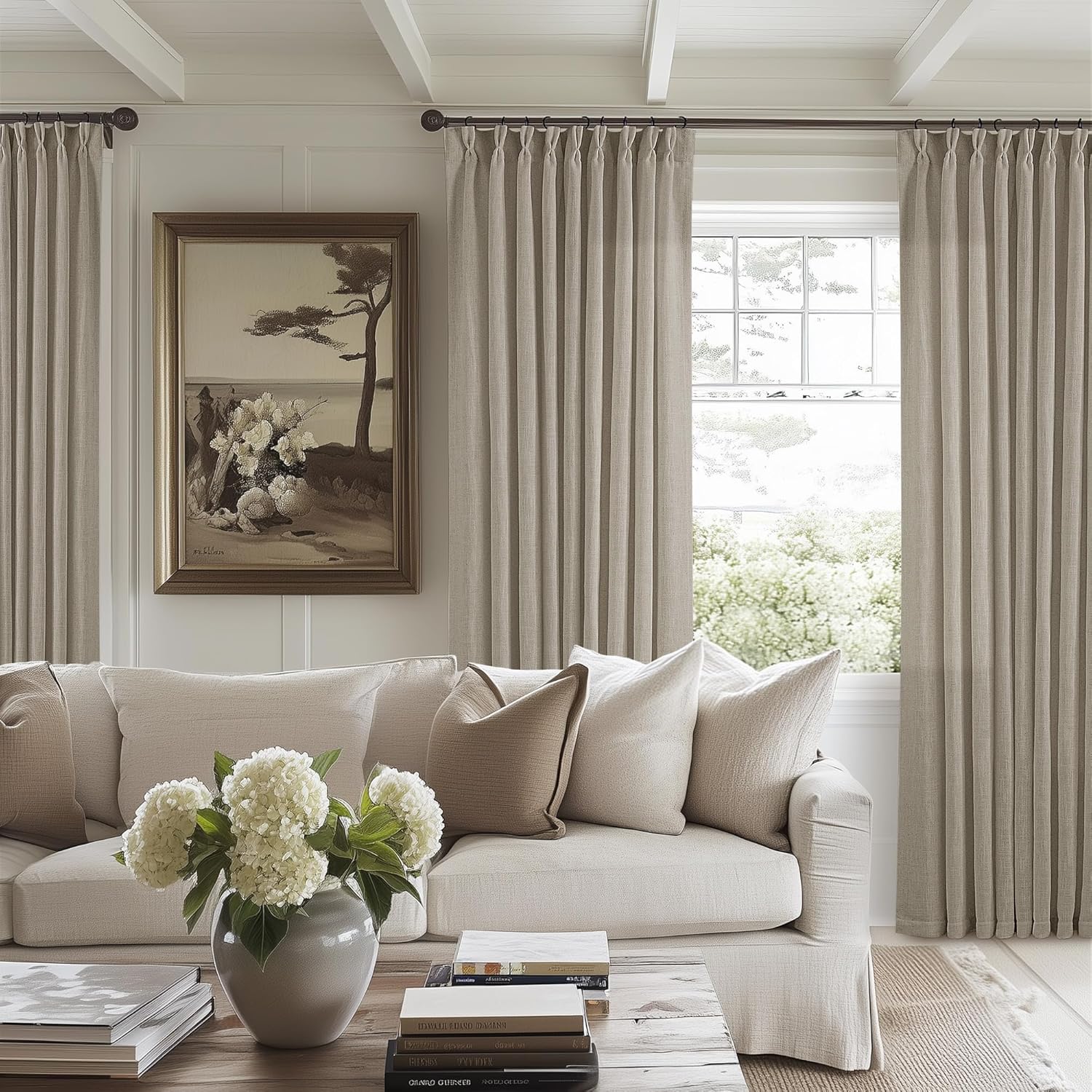 Natural Pinch Pleated Linen Curtains 84 Inch Length 2 Panels for Living Room Bedroom Textured Cream Ivory Birch Semi Sheer Boho Neutral Back Tab Pinch Pleat Hooks Rings Window Curtain 84 Inches Long