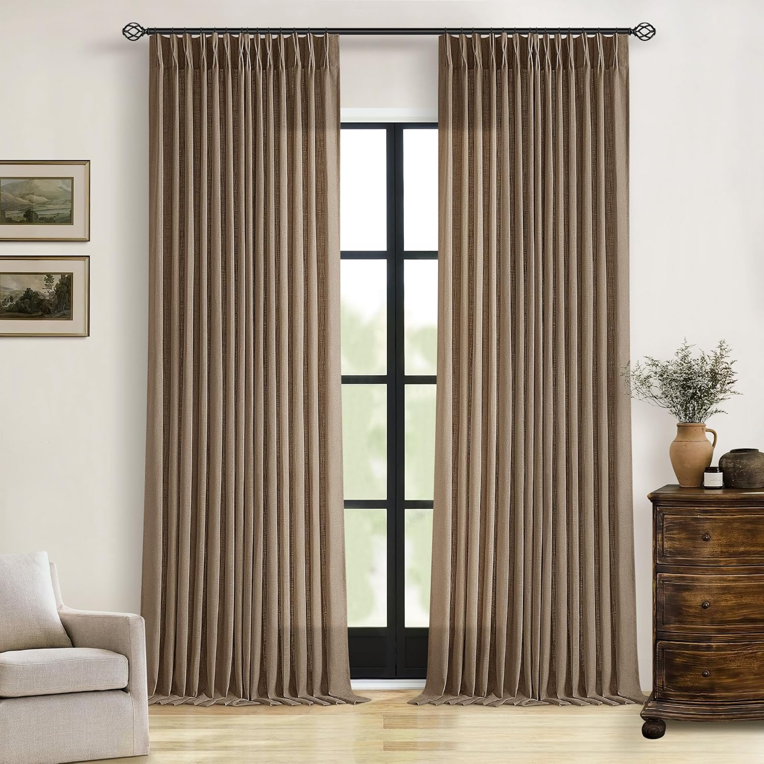 Natural Pinch Pleated Linen Curtains 84 Inch Length 2 Panels for Living Room Bedroom Textured Cream Ivory Birch Semi Sheer Boho Neutral Back Tab Pinch Pleat Hooks Rings Window Curtain 84 Inches Long