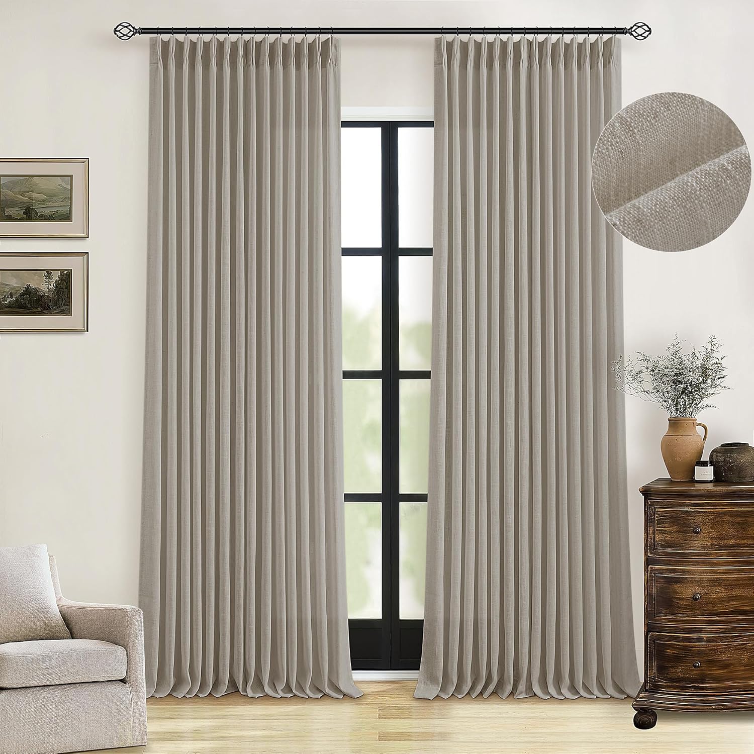 Natural Pinch Pleated Linen Curtains 84 Inch Length 2 Panels for Living Room Bedroom Textured Cream Ivory Birch Semi Sheer Boho Neutral Back Tab Pinch Pleat Hooks Rings Window Curtain 84 Inches Long