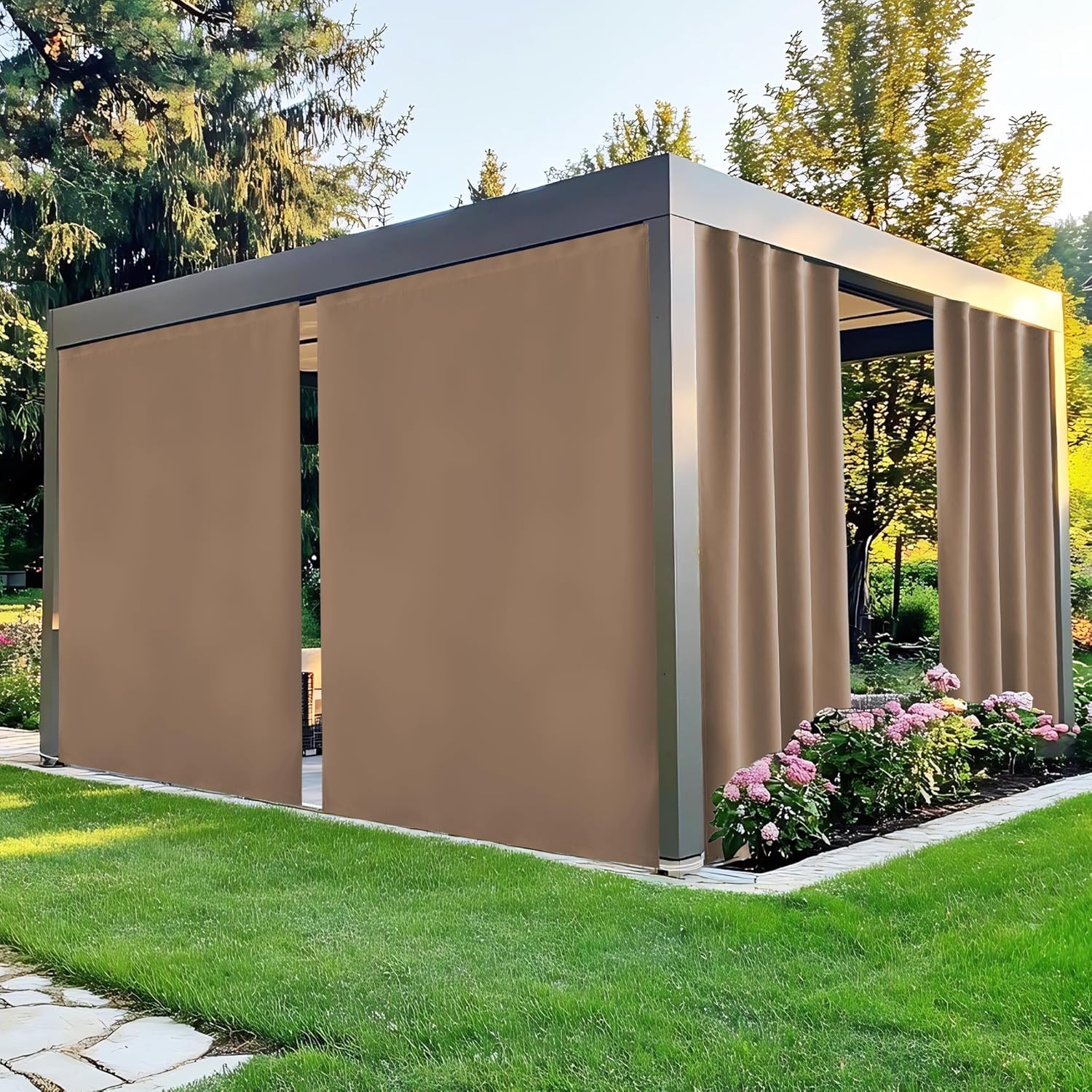 NICETOWN 100% Blackout Outdoor Curtains for Patio 2 Panels, Faux Linen Waterproof & Windproof Gazebo Curtains with Sticky-Back Top & Back Tab Bottom, Includes Straps, Rope, Screws, W52 xL96, Grey