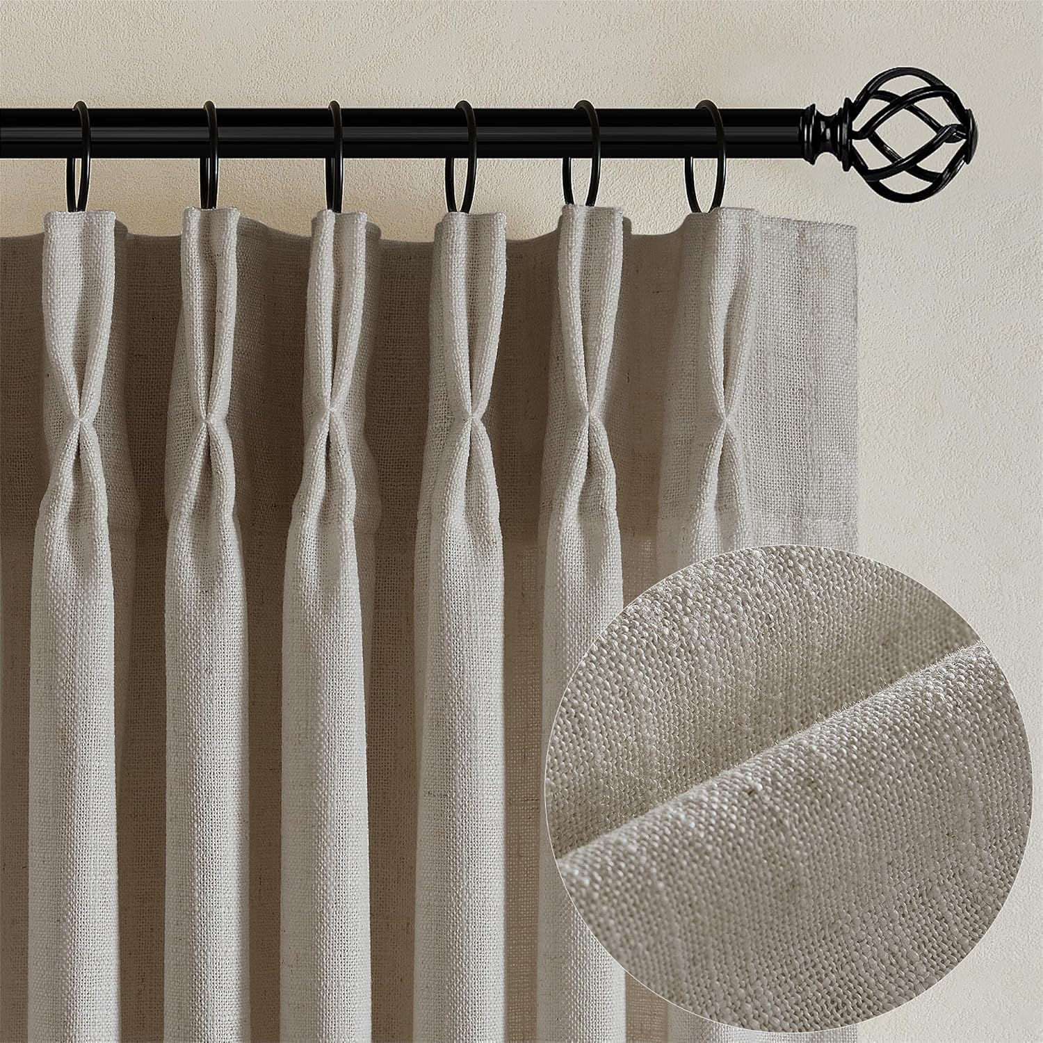 Natural Pinch Pleated Linen Curtains 84 Inch Length 2 Panels for Living Room Bedroom Textured Cream Ivory Birch Semi Sheer Boho Neutral Back Tab Pinch Pleat Hooks Rings Window Curtain 84 Inches Long