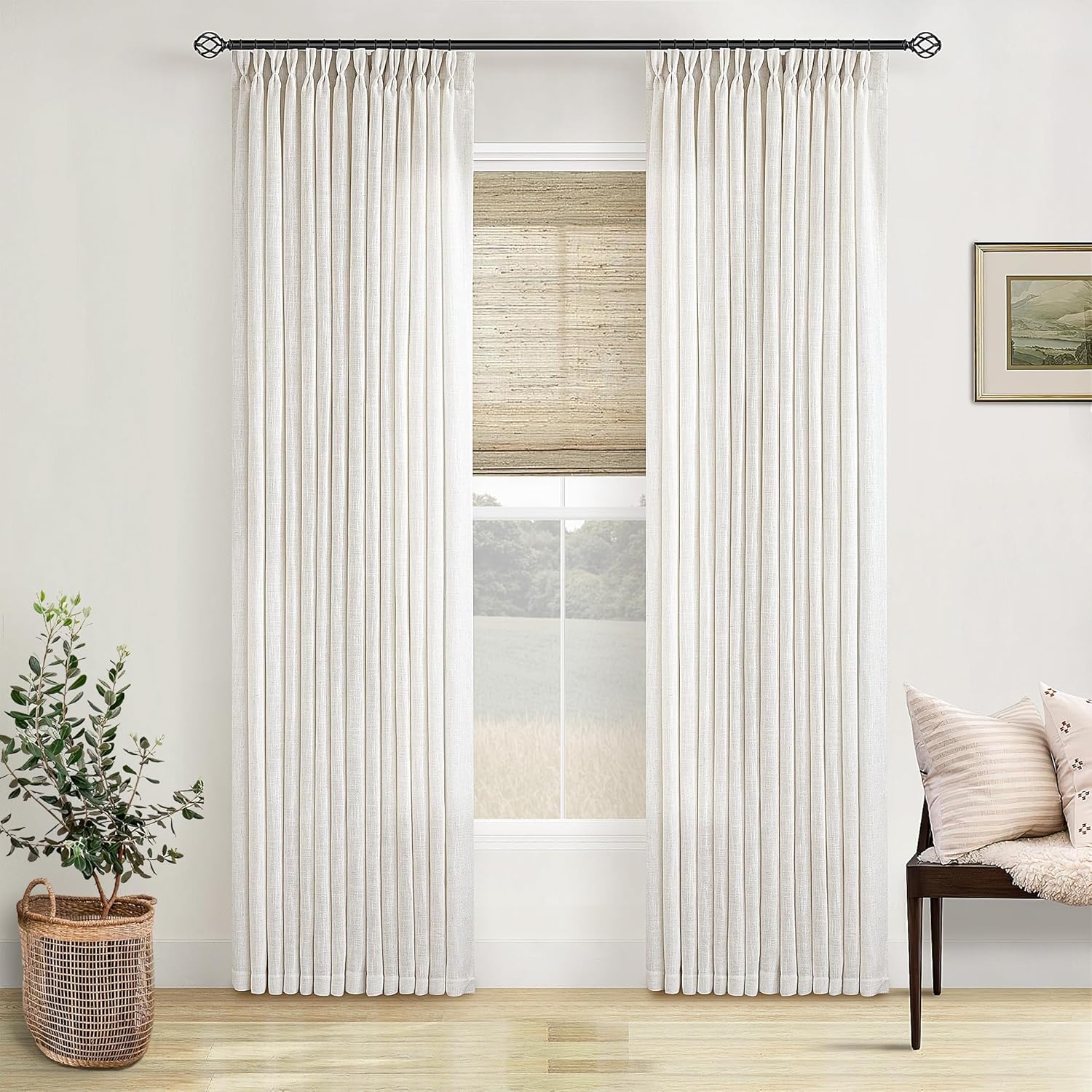 Natural Pinch Pleated Linen Curtains 84 Inch Length 2 Panels for Living Room Bedroom Textured Cream Ivory Birch Semi Sheer Boho Neutral Back Tab Pinch Pleat Hooks Rings Window Curtain 84 Inches Long
