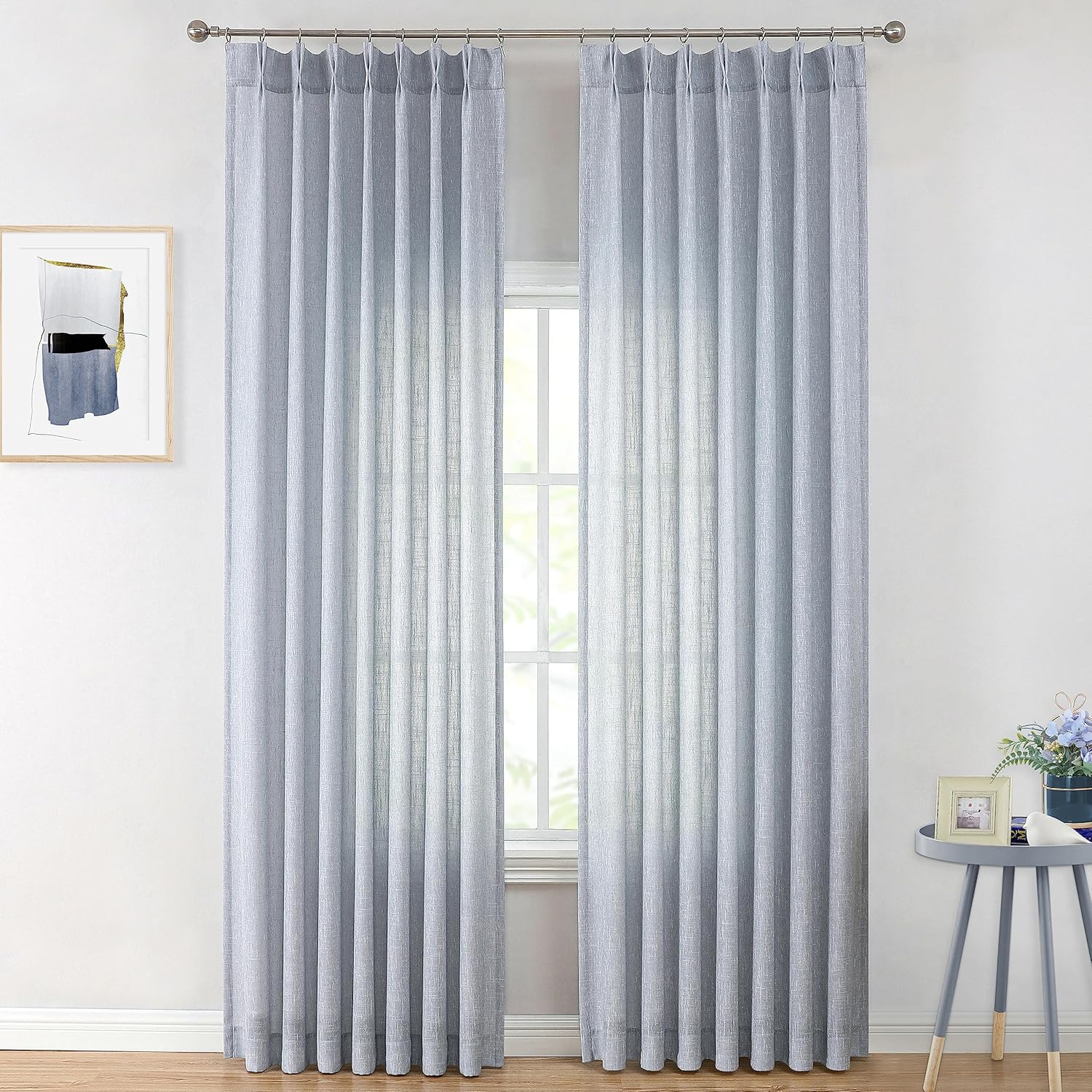 Vision Home Natural Pinch Pleated Semi Sheer Curtains Textured Linen Blended Light Filtering Window Curtains 84 inch for Living Room Bedroom Pinch Pleat Drapes with Hooks 2 Panels 42" Wx84 L