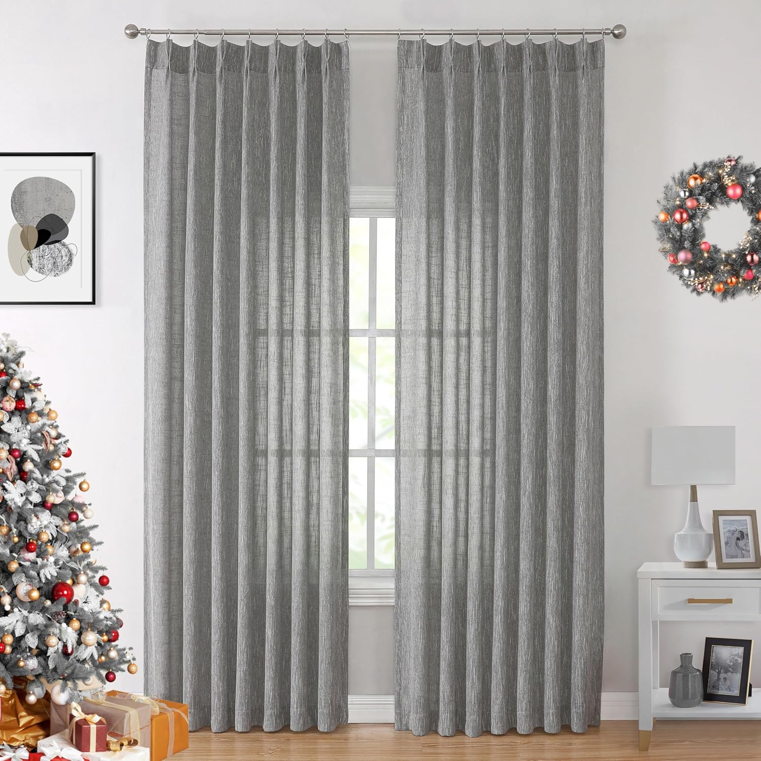 Vision Home Natural Pinch Pleated Semi Sheer Curtains Textured Linen Blended Light Filtering Window Curtains 84 inch for Living Room Bedroom Pinch Pleat Drapes with Hooks 2 Panels 42" Wx84 L