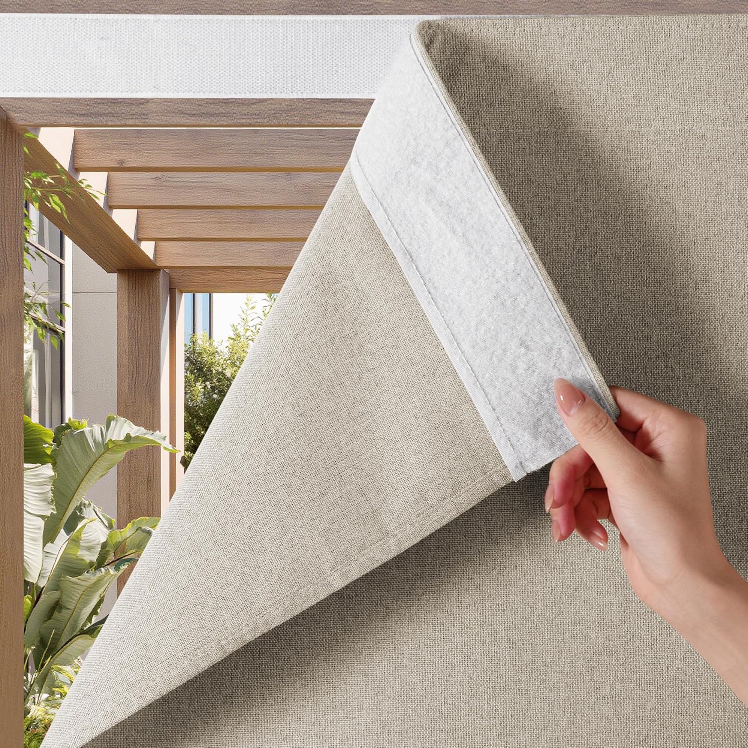 NICETOWN 100% Blackout Outdoor Curtains for Patio 2 Panels, Faux Linen Waterproof & Windproof Gazebo Curtains with Sticky-Back Top & Back Tab Bottom, Includes Straps, Rope, Screws, W52 xL96, Grey