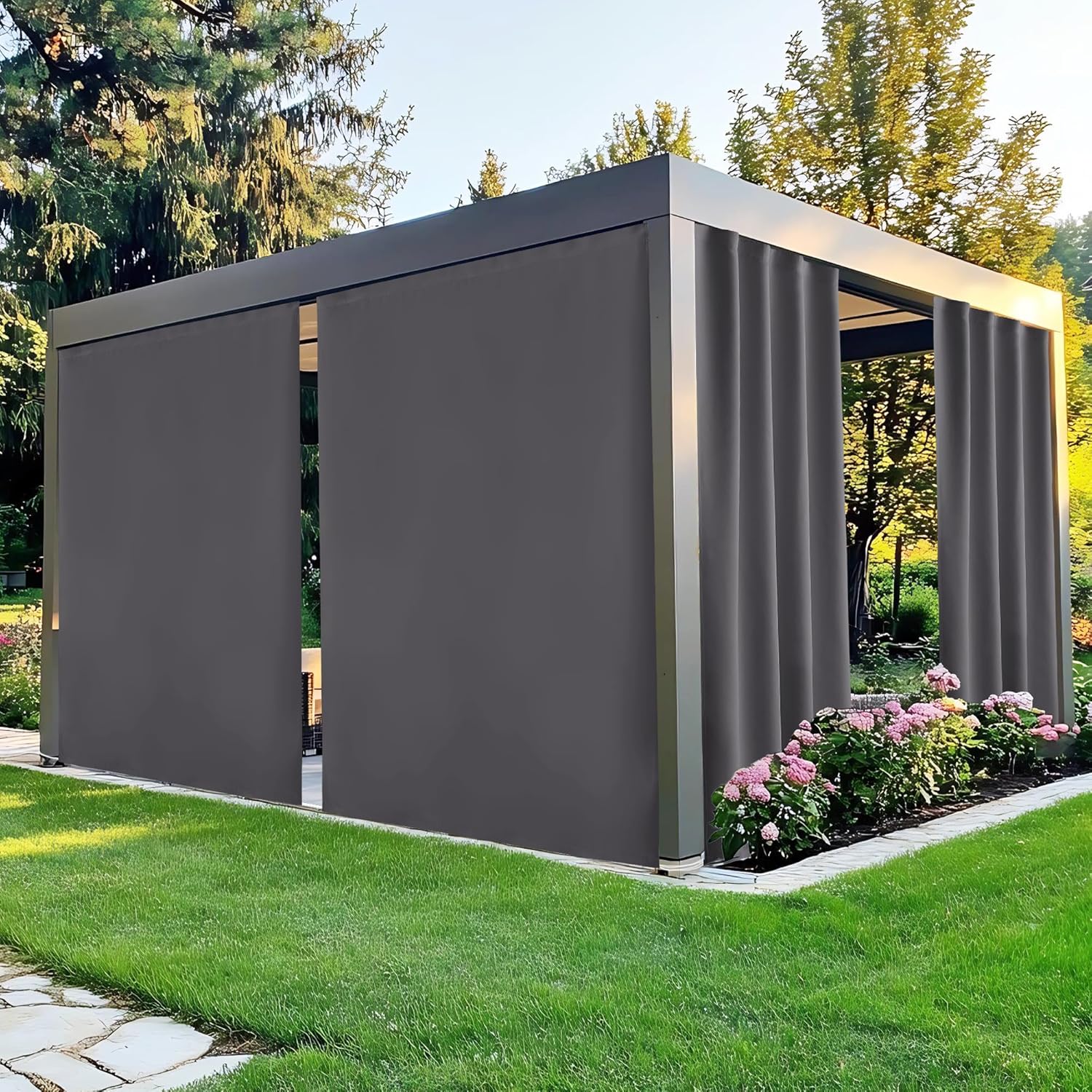 NICETOWN 100% Blackout Outdoor Curtains for Patio 2 Panels, Faux Linen Waterproof & Windproof Gazebo Curtains with Sticky-Back Top & Back Tab Bottom, Includes Straps, Rope, Screws, W52 xL96, Grey