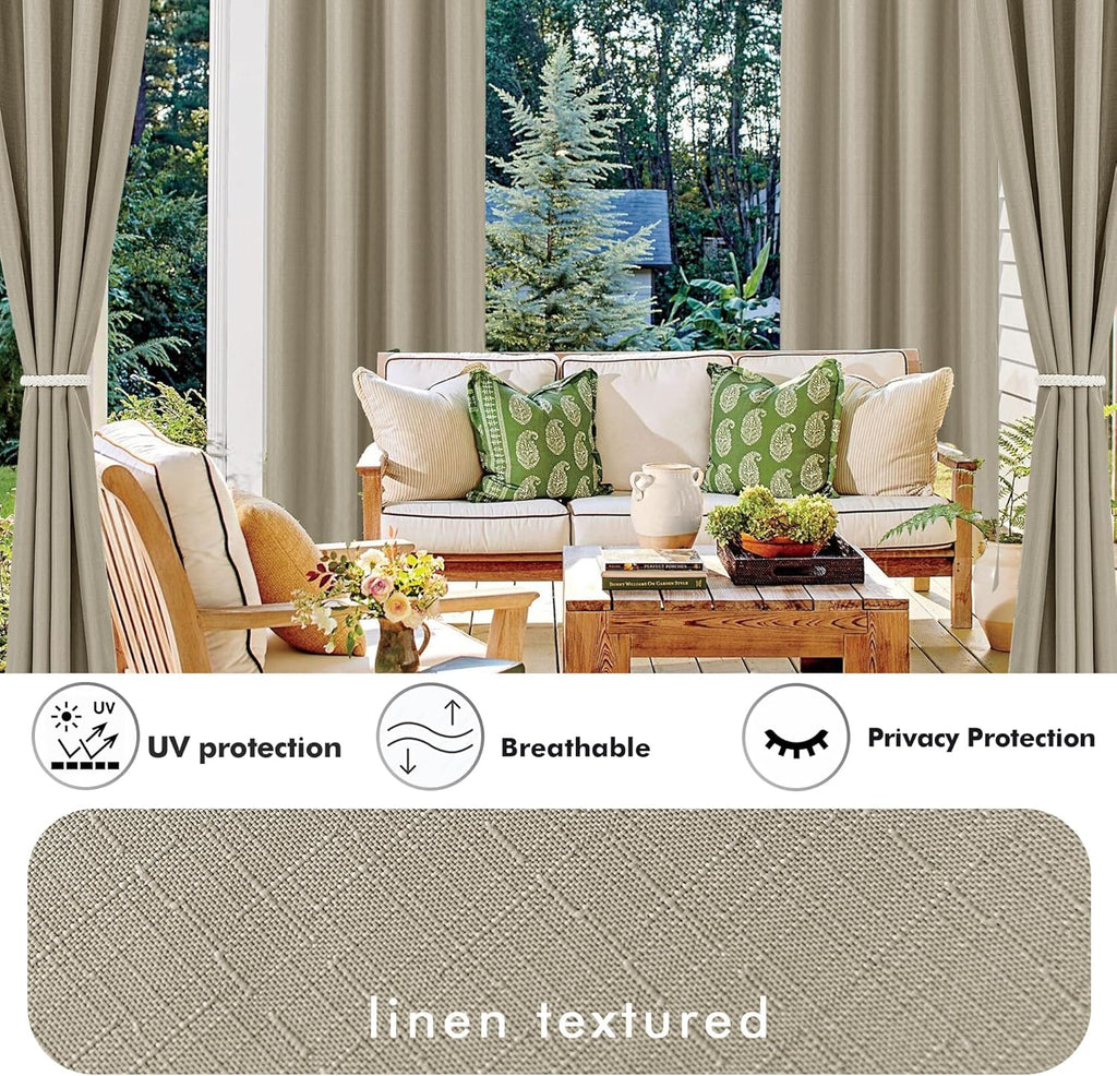 HolidayIdeas 4 Panels Linen Outdoor Curtains for Patio Waterproof Taupe Outside Curtains 108 inch Long-Gazebo Curtains Weighted Weatherproof, Privacy for Pergola, Porch, Living Room, Bedroom 54"x108"