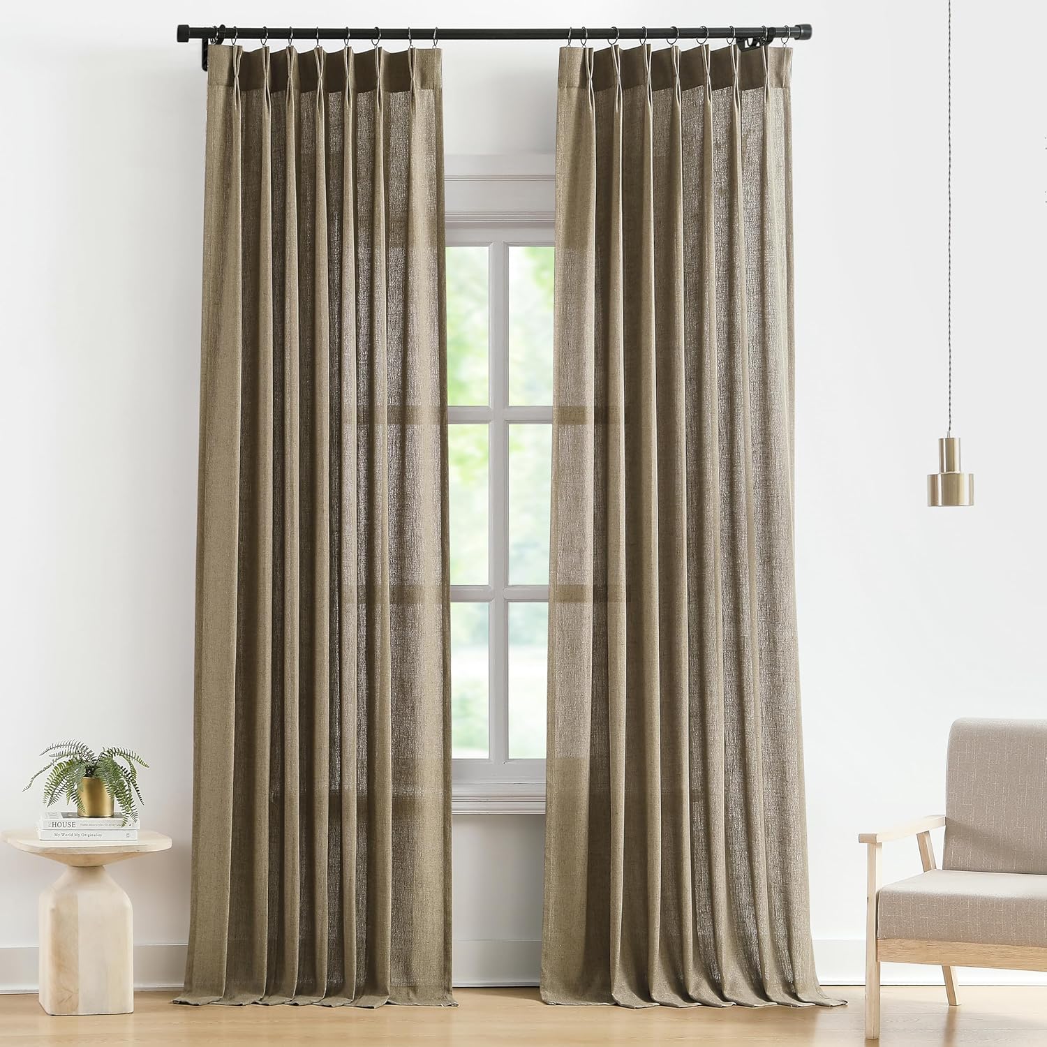 Vision Home Natural Pinch Pleated Semi Sheer Curtains Textured Linen Blended Light Filtering Window Curtains 84 inch for Living Room Bedroom Pinch Pleat Drapes with Hooks 2 Panels 42" Wx84 L