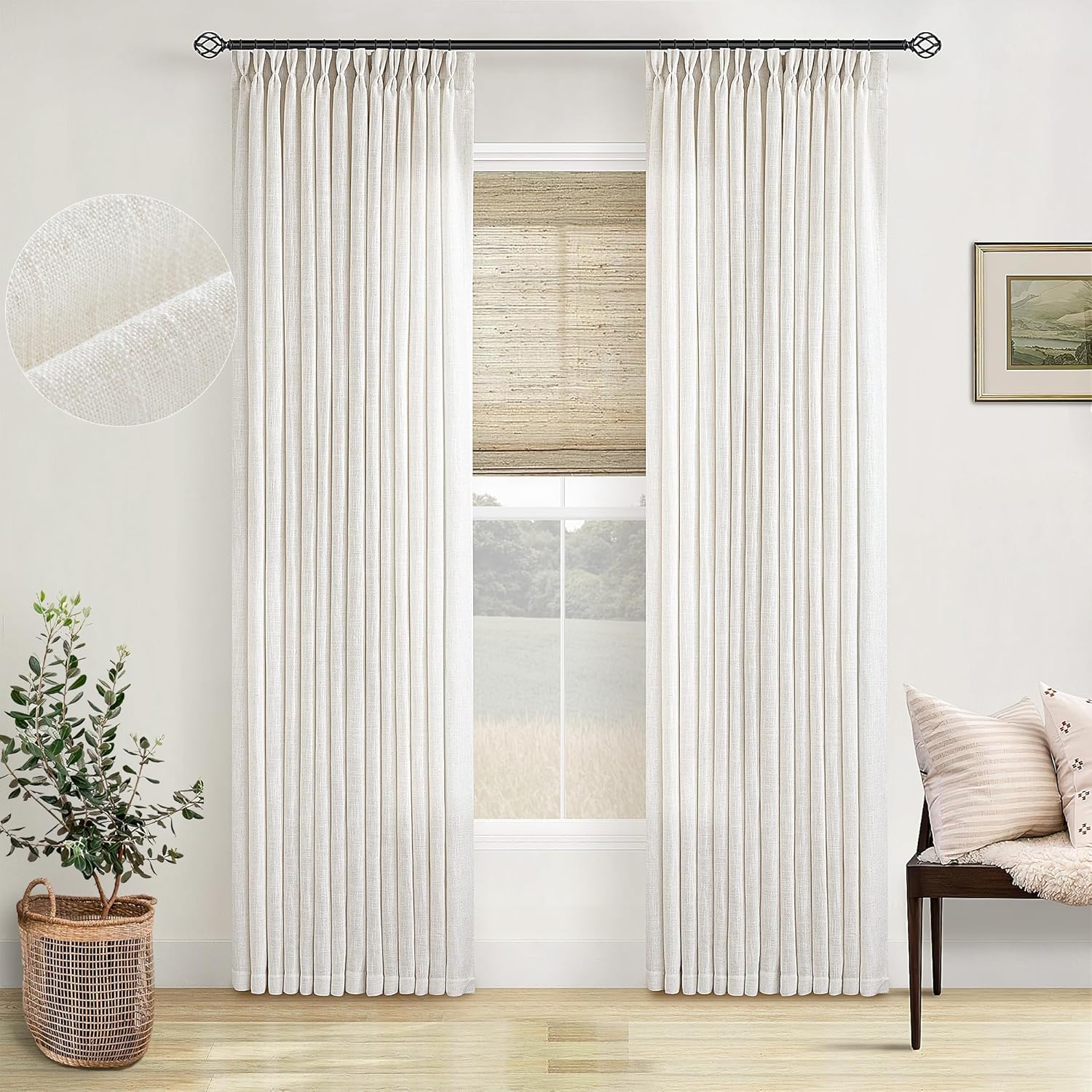 Natural Pinch Pleated Linen Curtains 84 Inch Length 2 Panels for Living Room Bedroom Textured Cream Ivory Birch Semi Sheer Boho Neutral Back Tab Pinch Pleat Hooks Rings Window Curtain 84 Inches Long