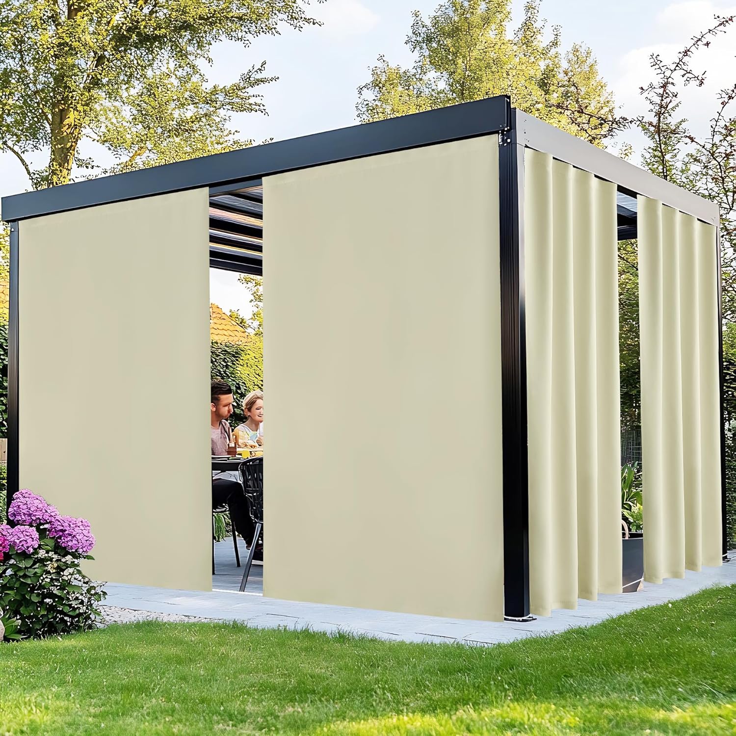 NICETOWN 100% Blackout Outdoor Curtains for Patio 2 Panels, Faux Linen Waterproof & Windproof Gazebo Curtains with Sticky-Back Top & Back Tab Bottom, Includes Straps, Rope, Screws, W52 xL96, Grey